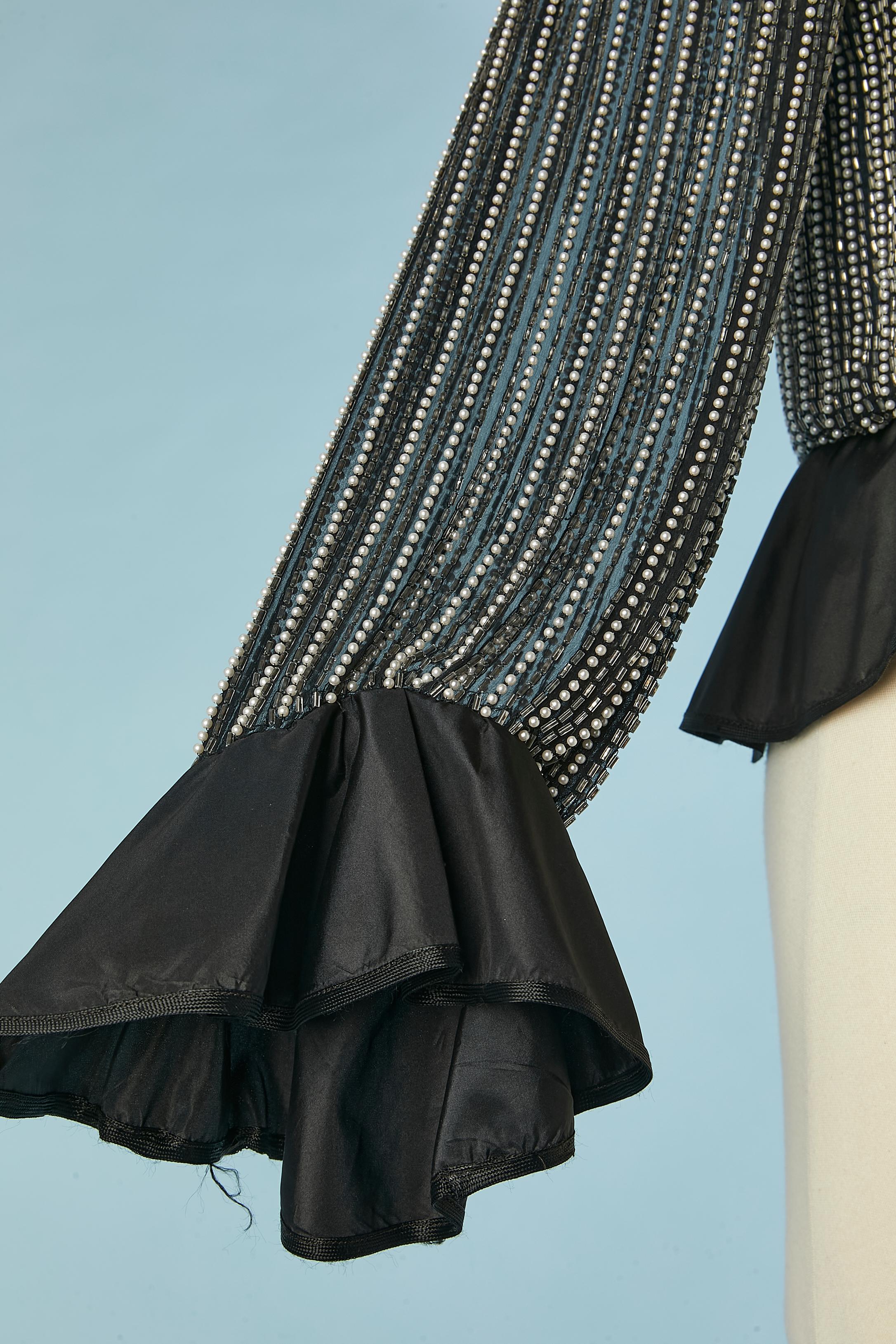 Evening beaded chiffon shirt with black taffetas ruffles edge Circa 1970's In Excellent Condition For Sale In Saint-Ouen-Sur-Seine, FR
