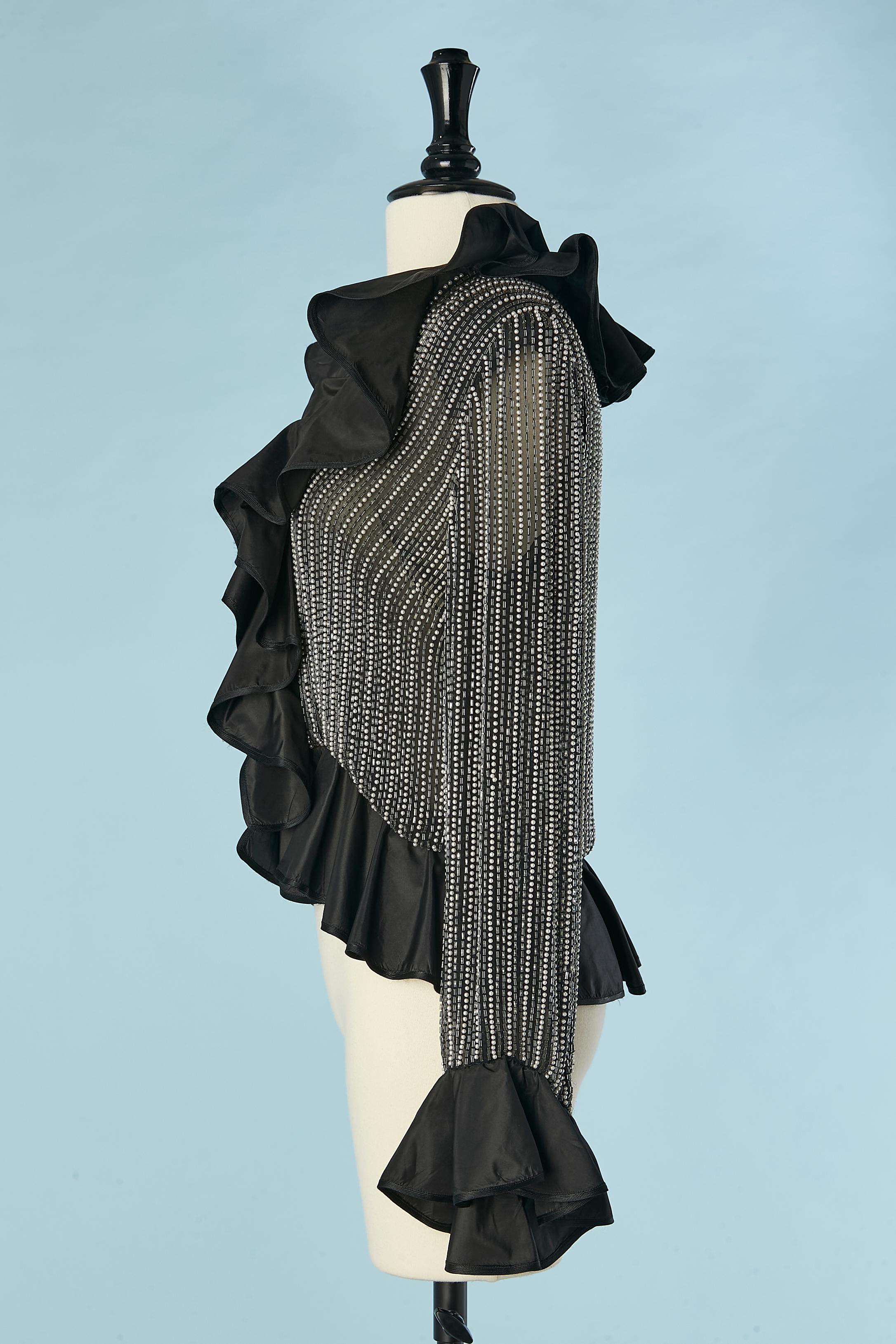 Women's Evening beaded chiffon shirt with black taffetas ruffles edge Circa 1970's For Sale
