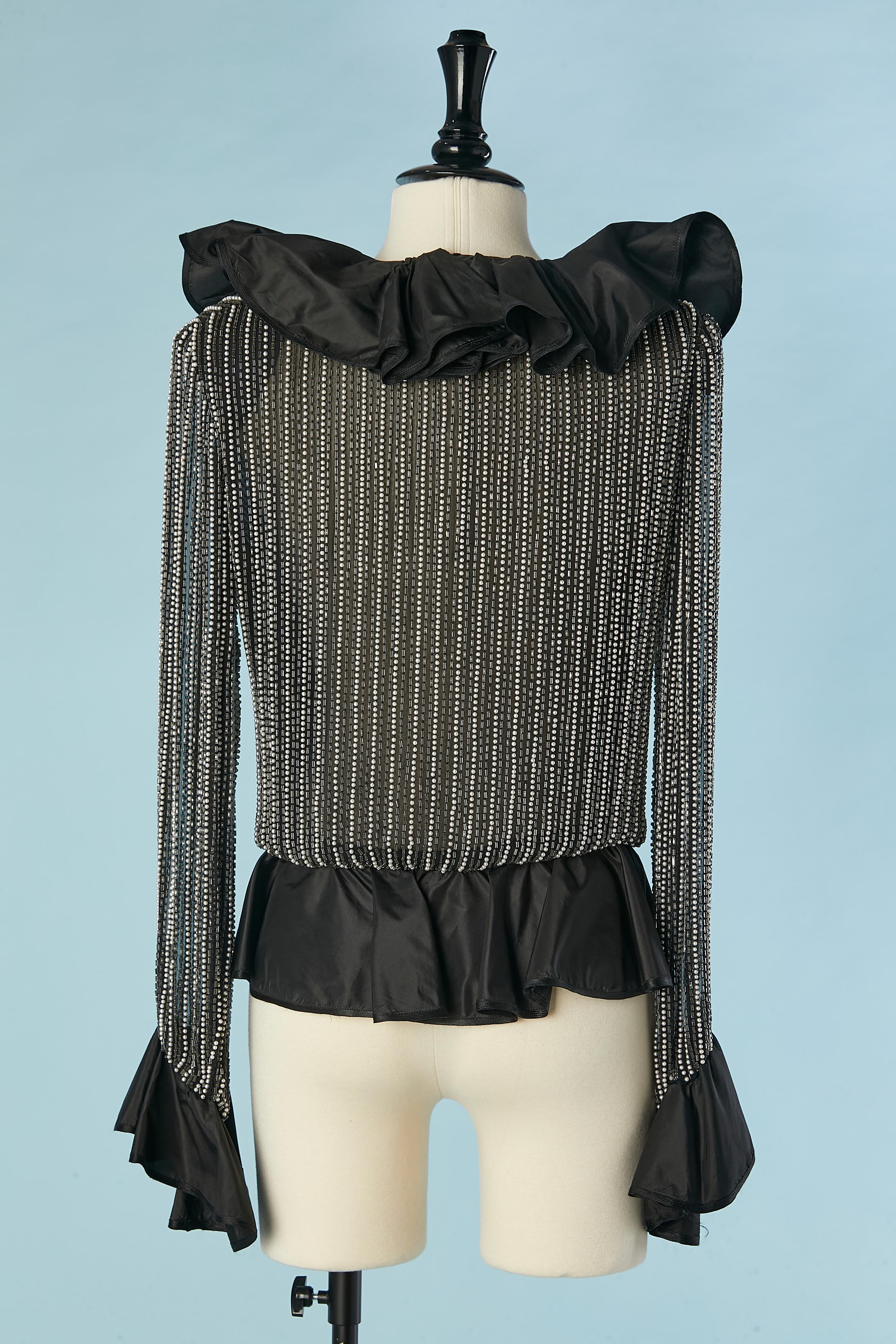 Evening beaded chiffon shirt with black taffetas ruffles edge Circa 1970's For Sale 1