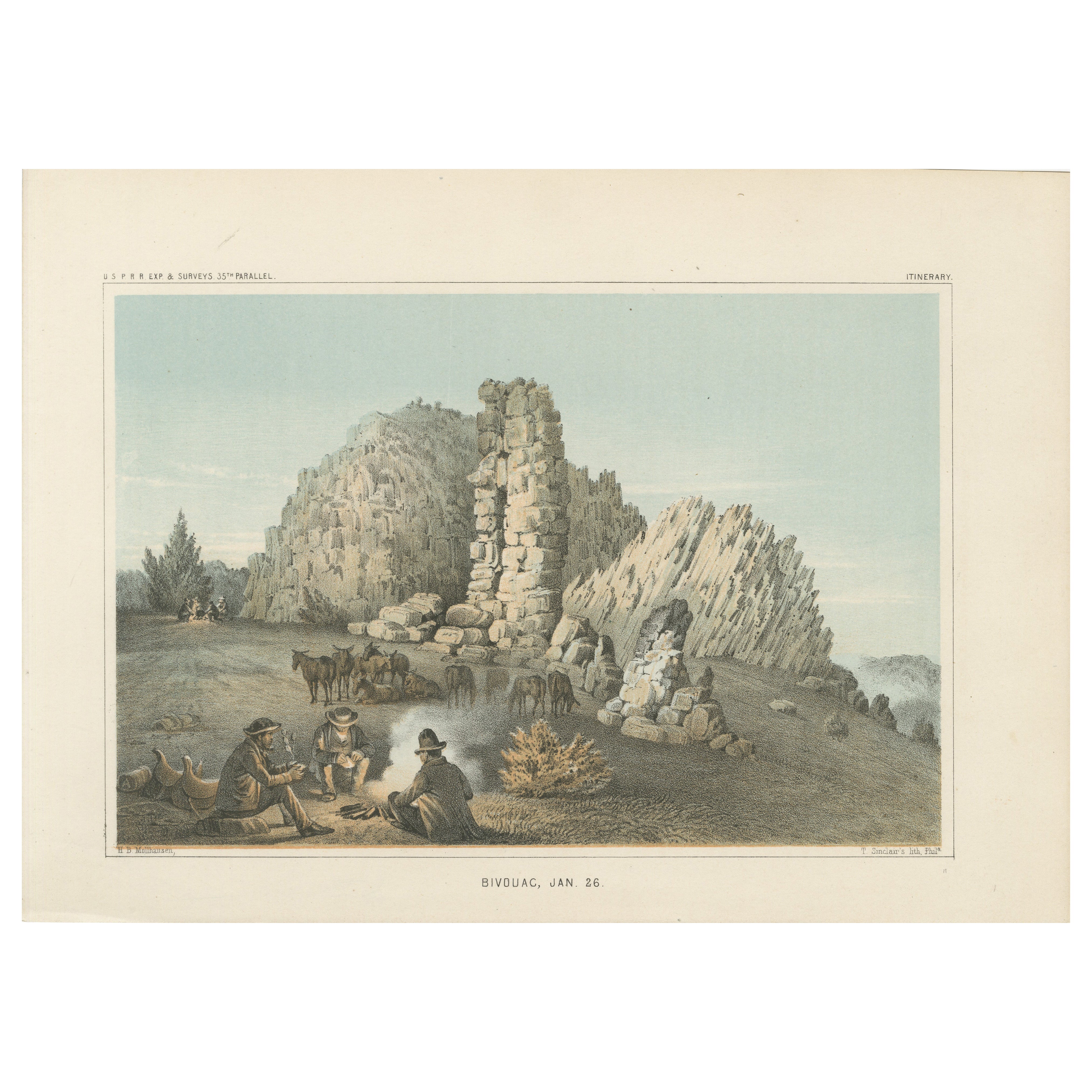 Evening Bivouac Amidst Rocky Ruins - A Glimpse Into 19th-Century Exploration For Sale