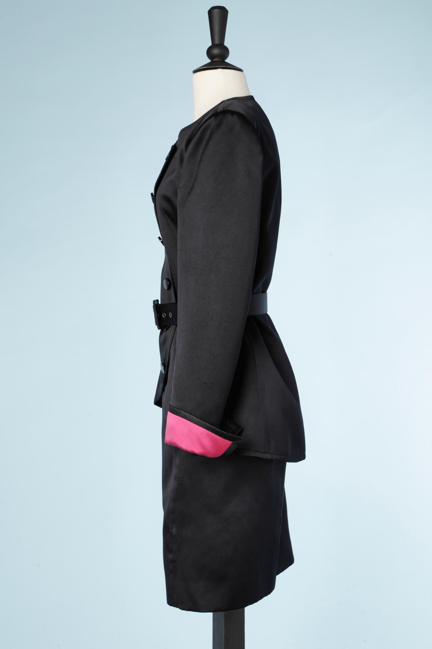 Women's Evening black silk satin skirt suit with fushia lining Saint Laurent Rive Gauche For Sale