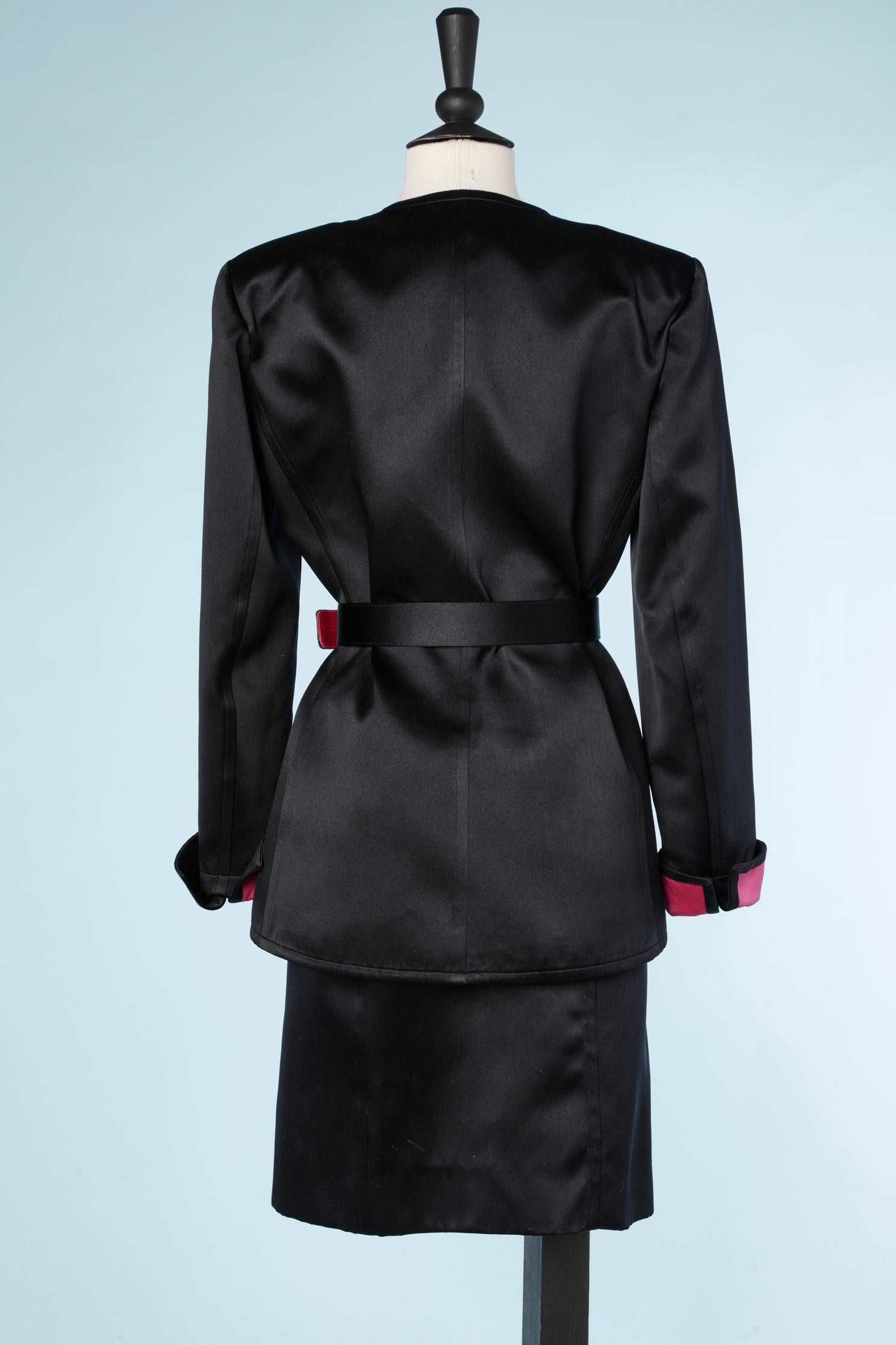 Evening black silk satin skirt suit with fushia lining Saint Laurent Rive Gauche For Sale 1