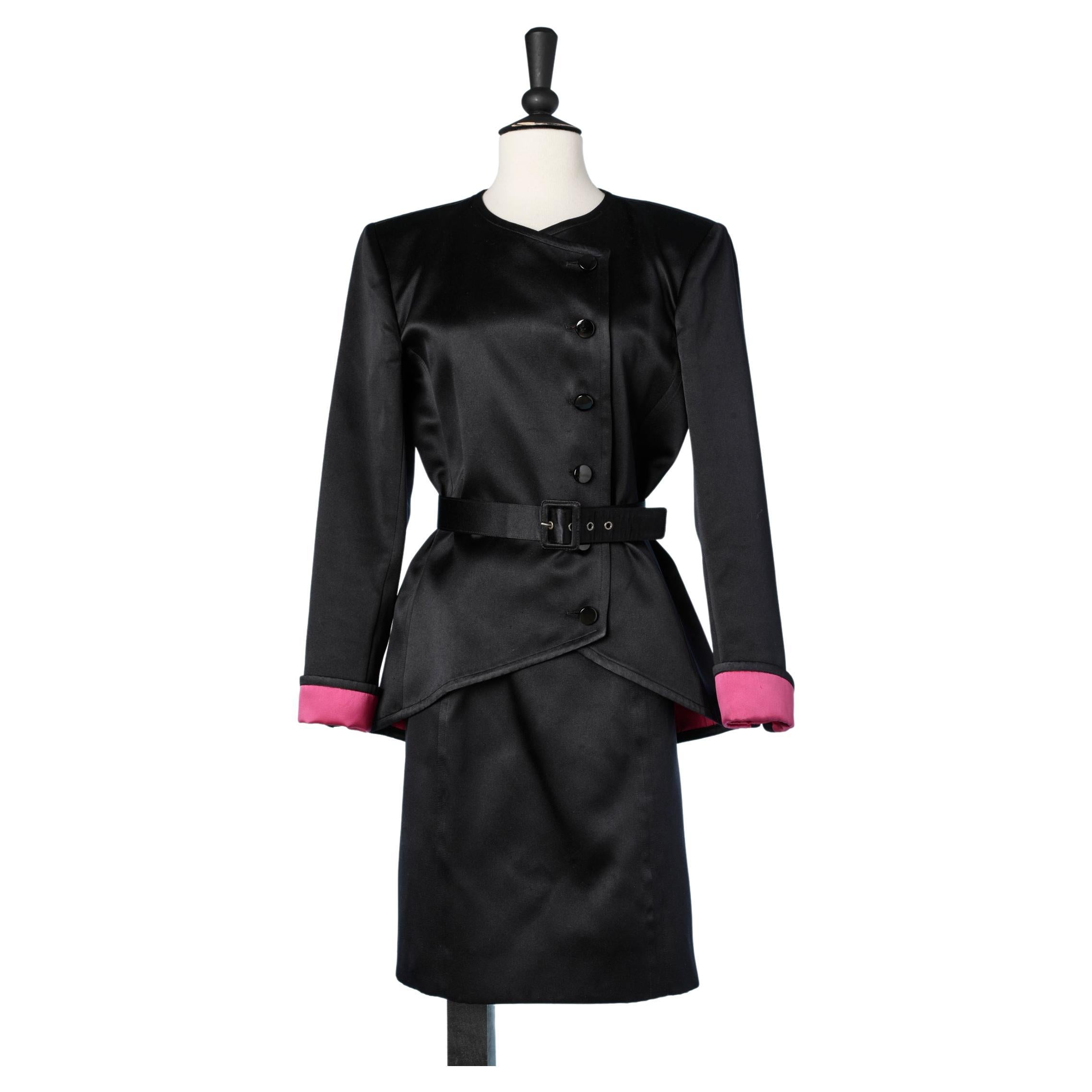 Evening black silk satin skirt suit with fushia lining Saint Laurent Rive Gauche For Sale