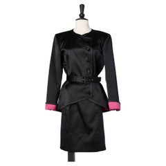 Evening black silk satin skirt suit with fushia lining Saint Laurent Rive Gauche