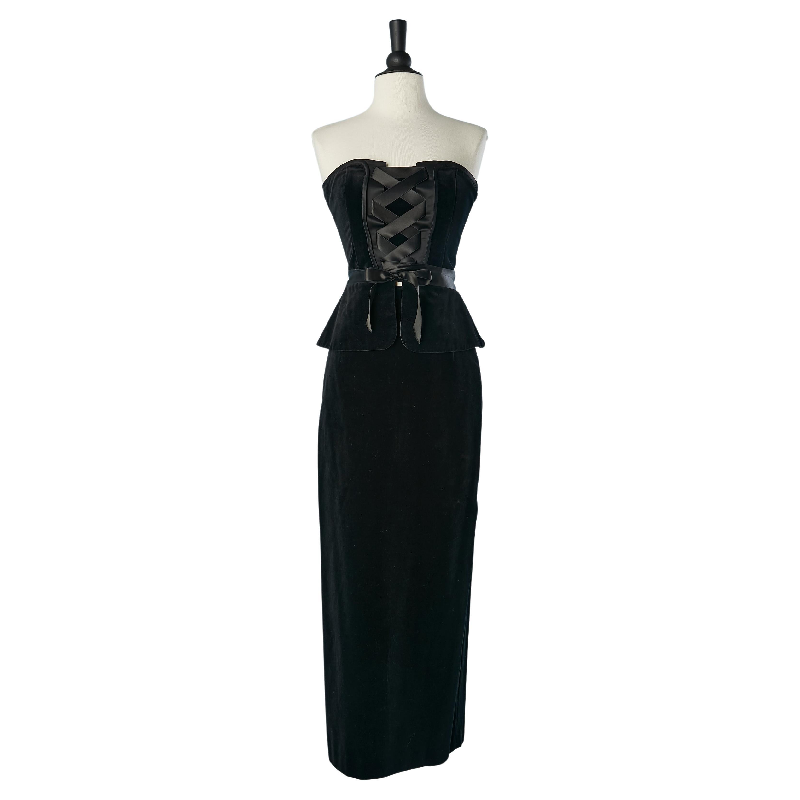 Evening bustier and long skirt ensemble in black velvet Louis Féraud  For Sale