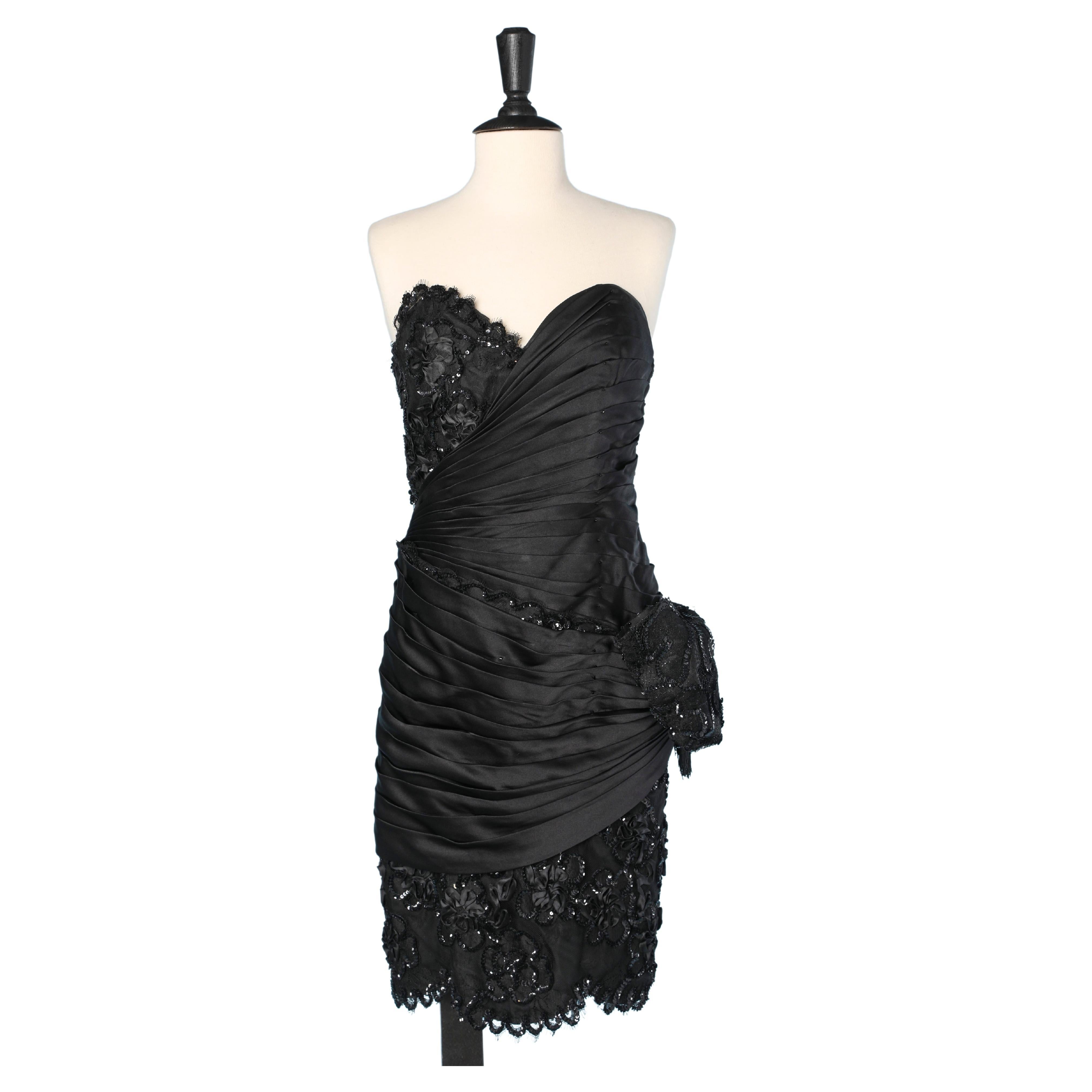 Evening bustier dress in black satin and embroidered lace Pénélope Zagora  For Sale