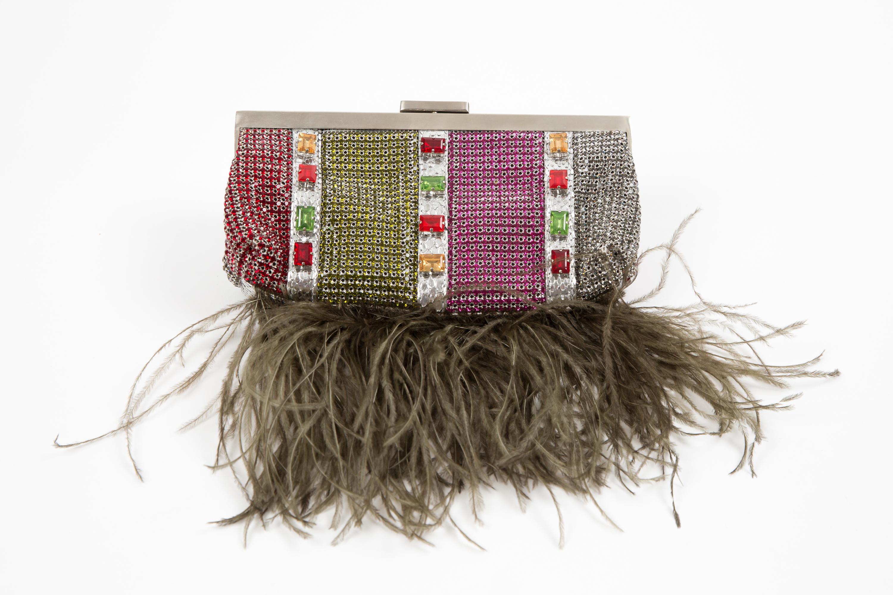 Brown Evening Clutch Bag Strass and Feathers For Sale