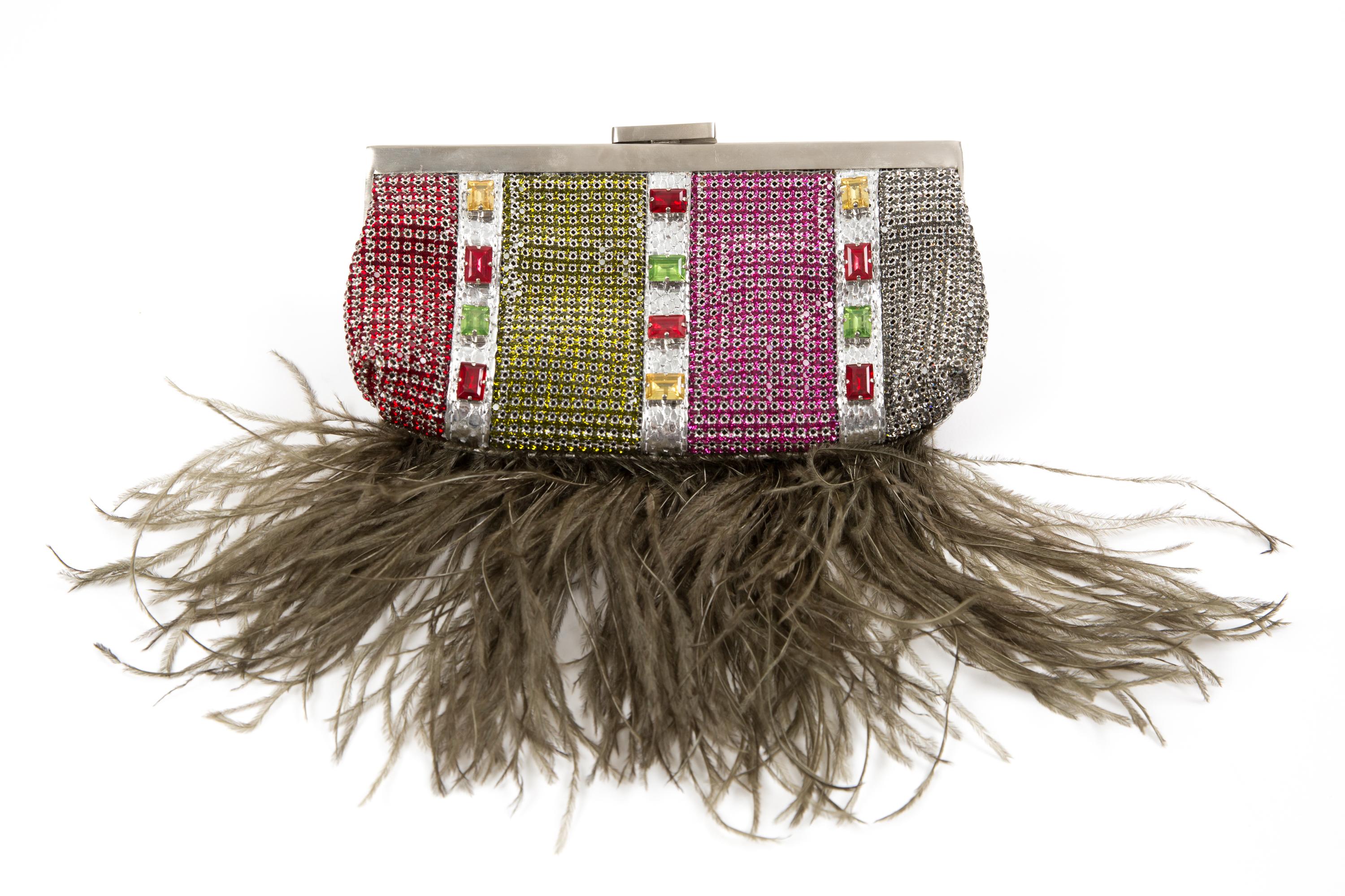 Evening Clutch Bag Strass and Feathers For Sale 1