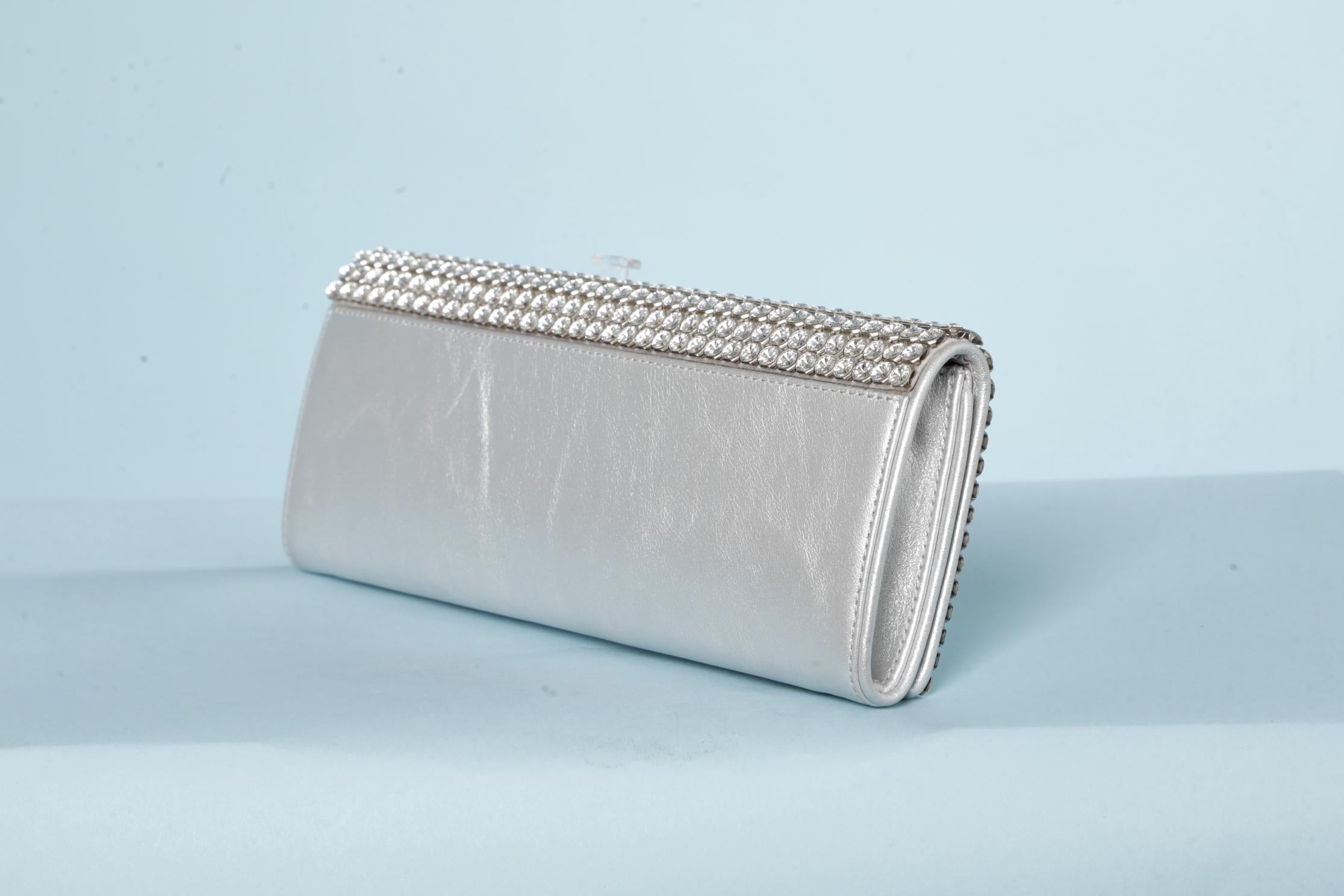 Silver Evening clutch in rhinestone and silver leather  Swarovski  For Sale