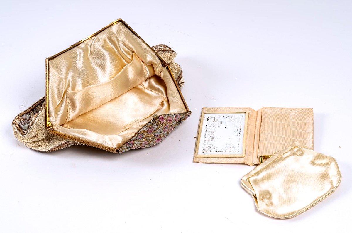 English Evening Clutch, Silk and Glass Beads, Gold, Silver and Silk Thread Embroidery For Sale