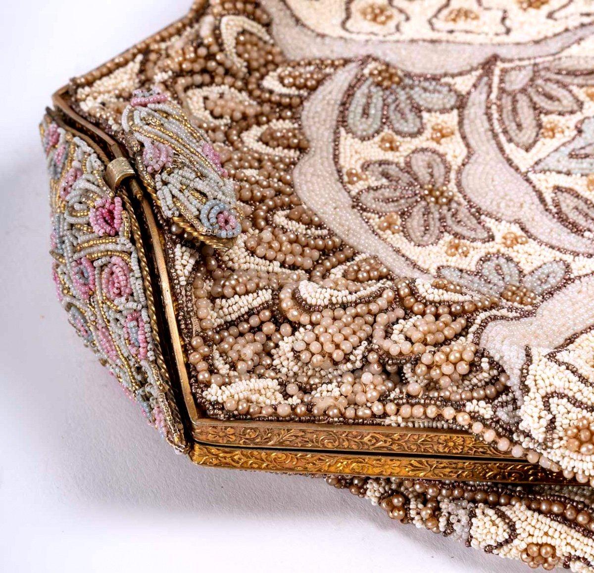Evening Clutch, Silk and Glass Beads, Gold, Silver and Silk Thread Embroidery For Sale 1