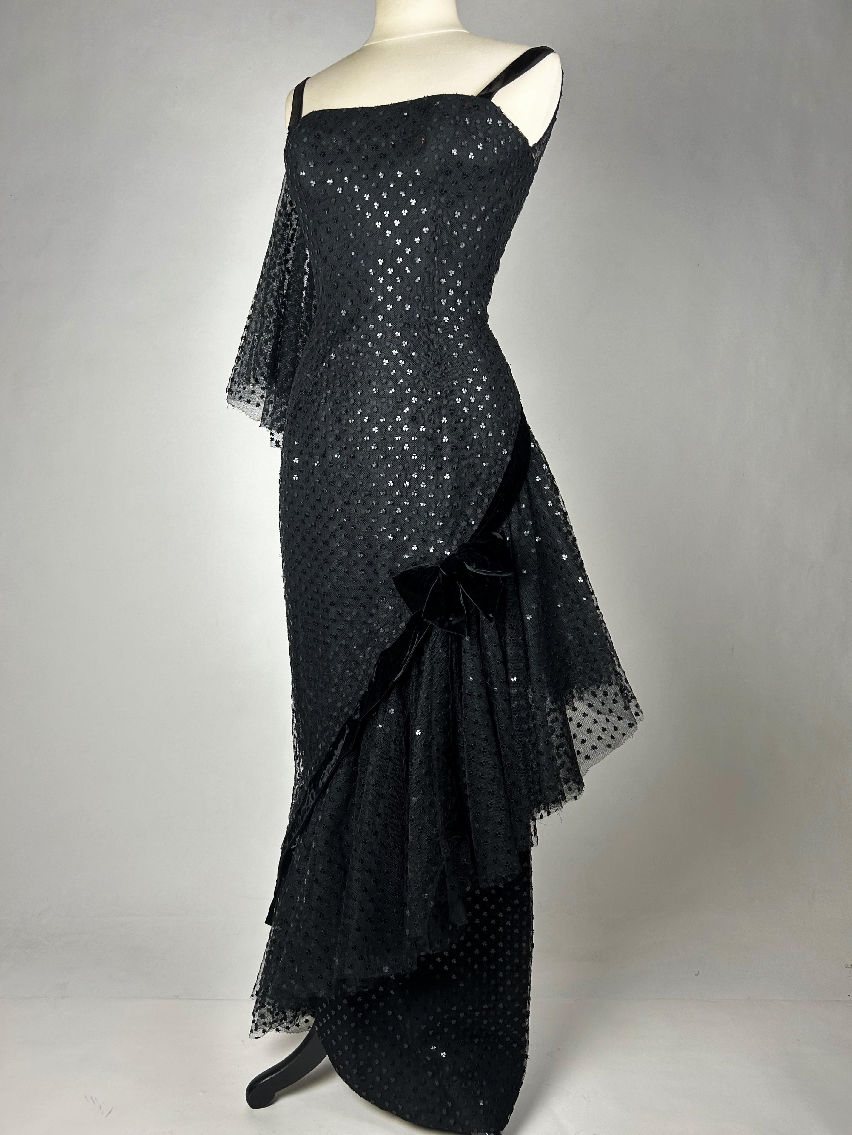 Evening Couture dress by Jean Dessès in black embroidered tulle - France C. 1960 For Sale 6
