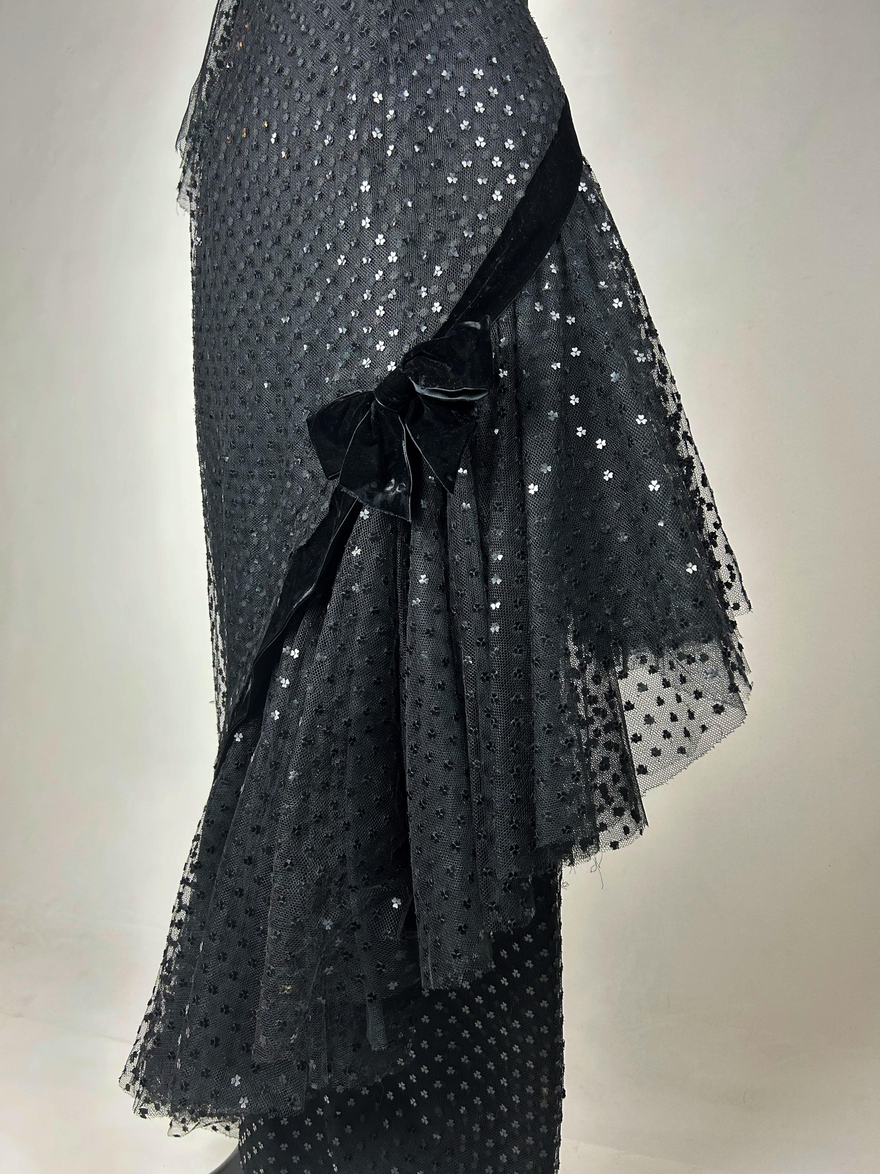 Evening Couture dress by Jean Dessès in black embroidered tulle - France C. 1960 For Sale 7