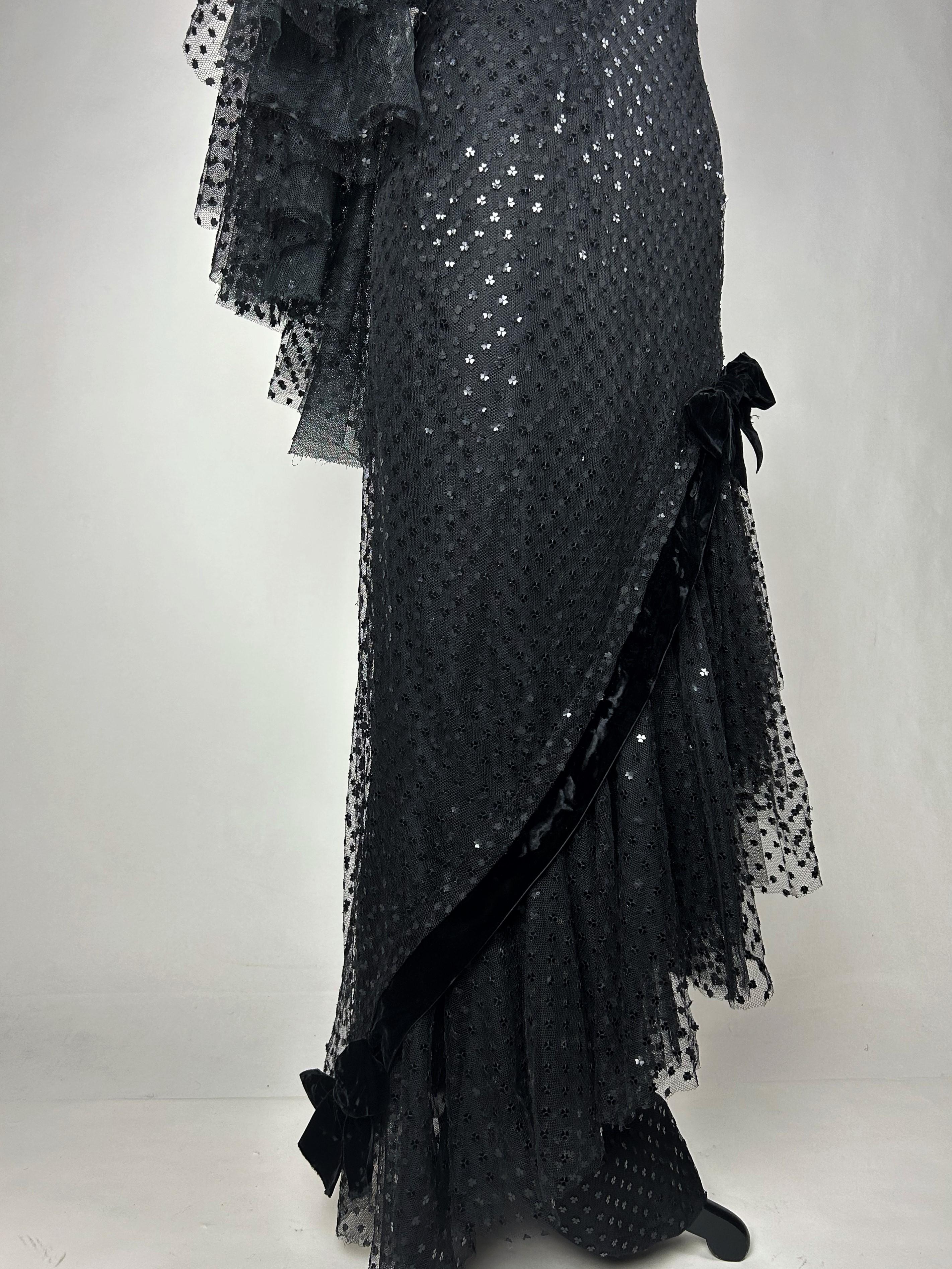 Evening Couture dress by Jean Dessès in black embroidered tulle - France C. 1960 For Sale 7