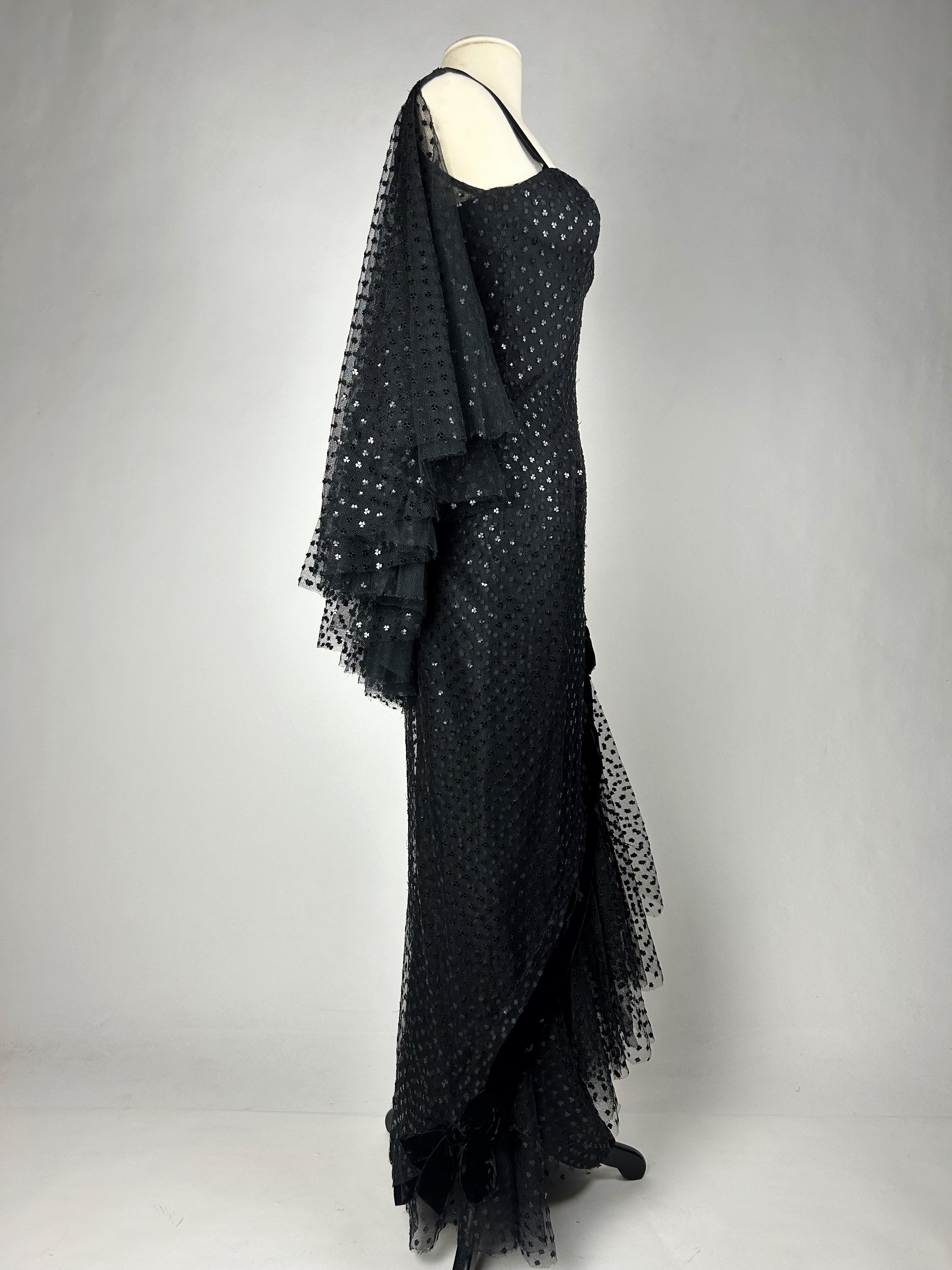 Evening Couture dress by Jean Dessès in black embroidered tulle - France C. 1960 For Sale 9
