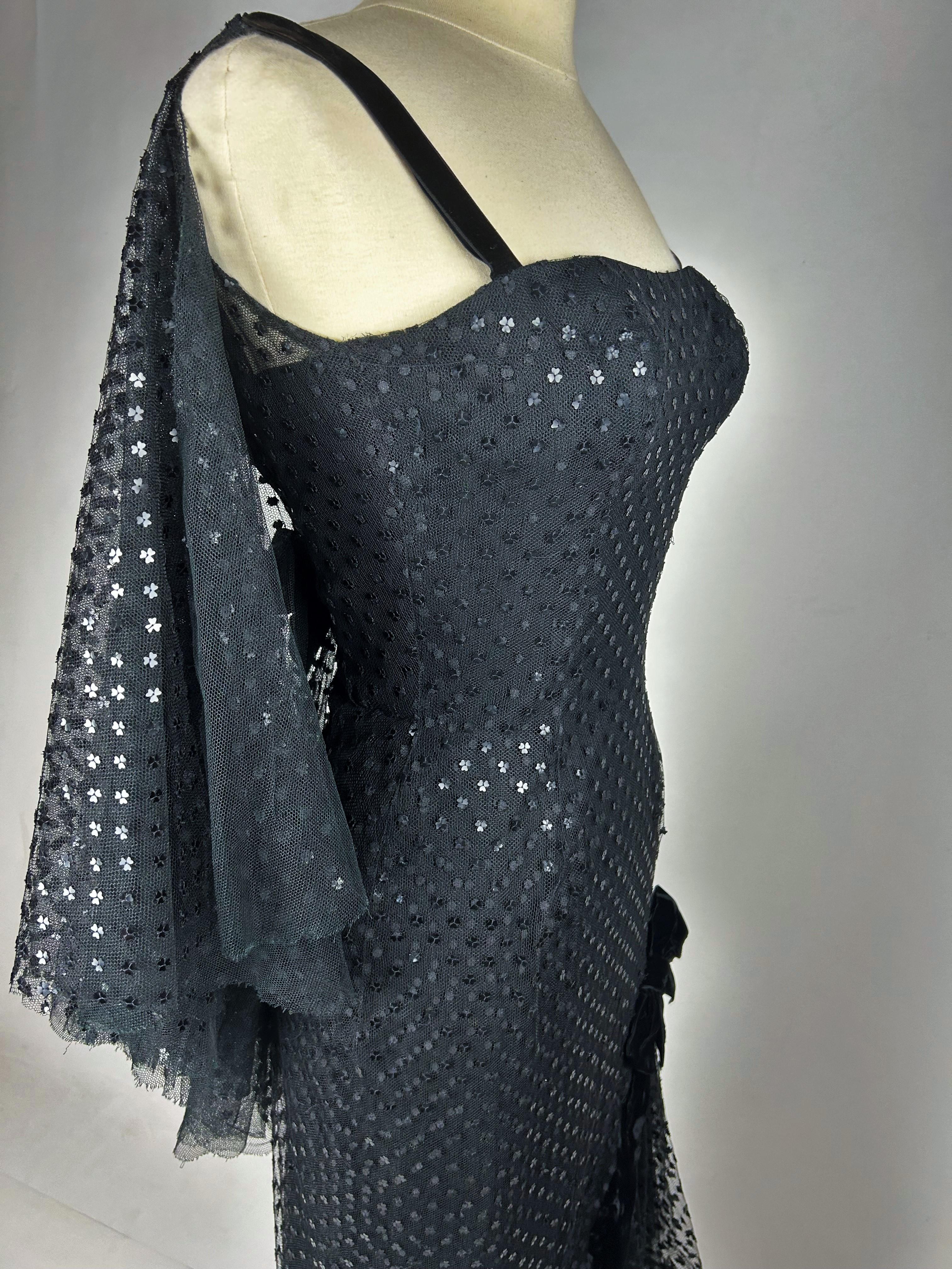 Evening Couture dress by Jean Dessès in black embroidered tulle - France C. 1960 For Sale 9