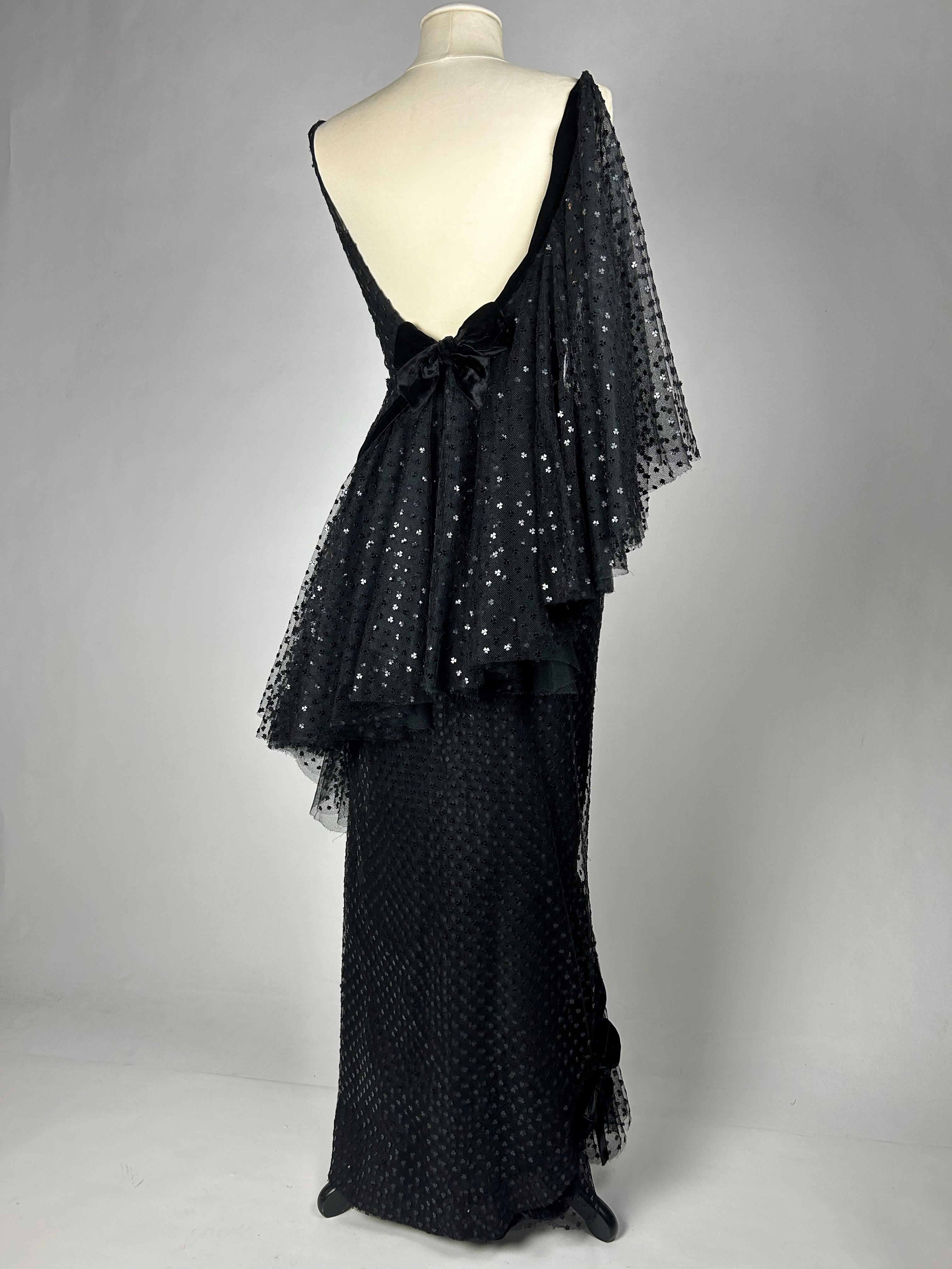 Evening Couture dress by Jean Dessès in black embroidered tulle - France C. 1960 For Sale 11