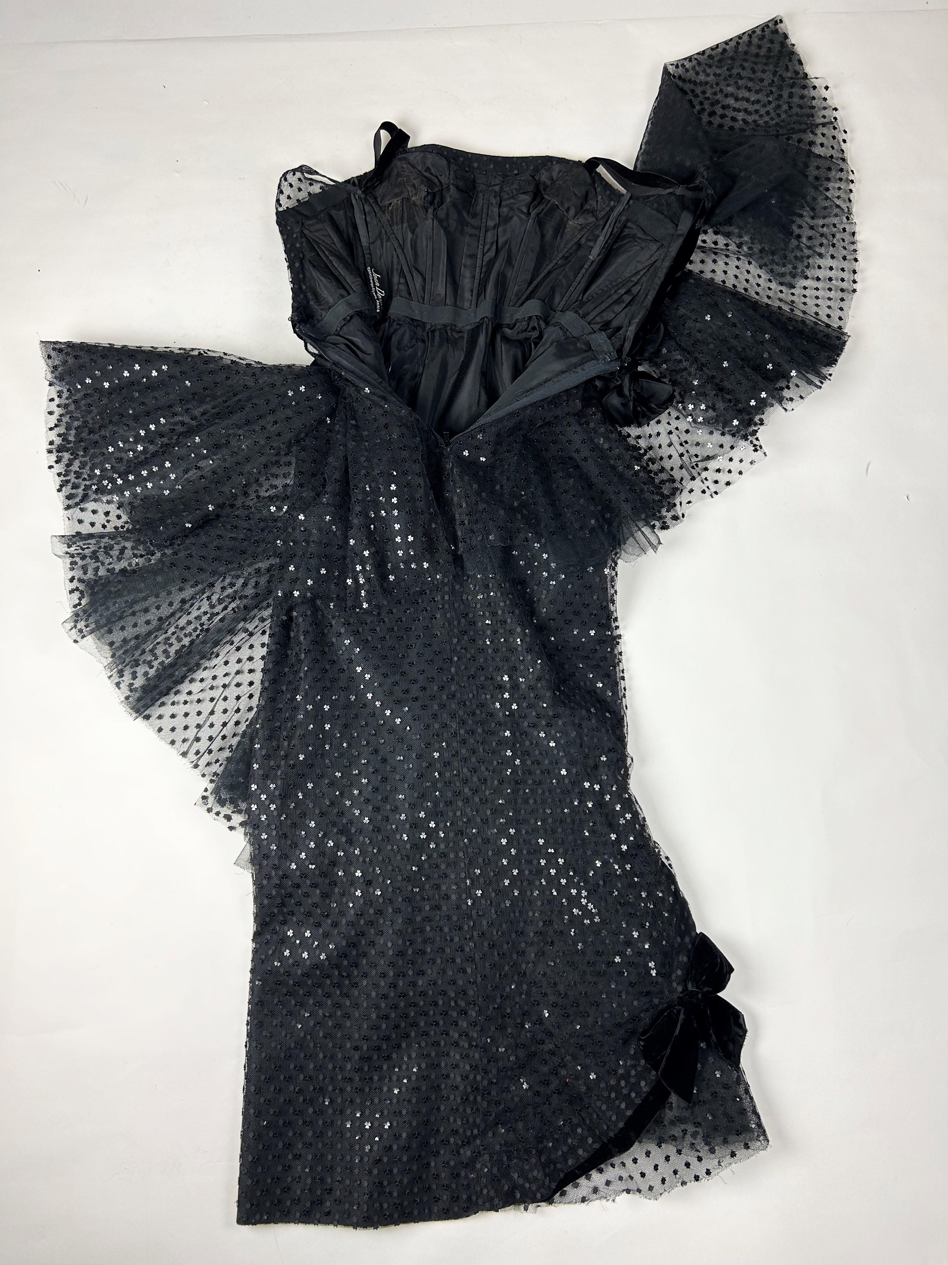 Evening Couture dress by Jean Dessès in black embroidered tulle - France C. 1960 In Good Condition For Sale In Toulon, FR