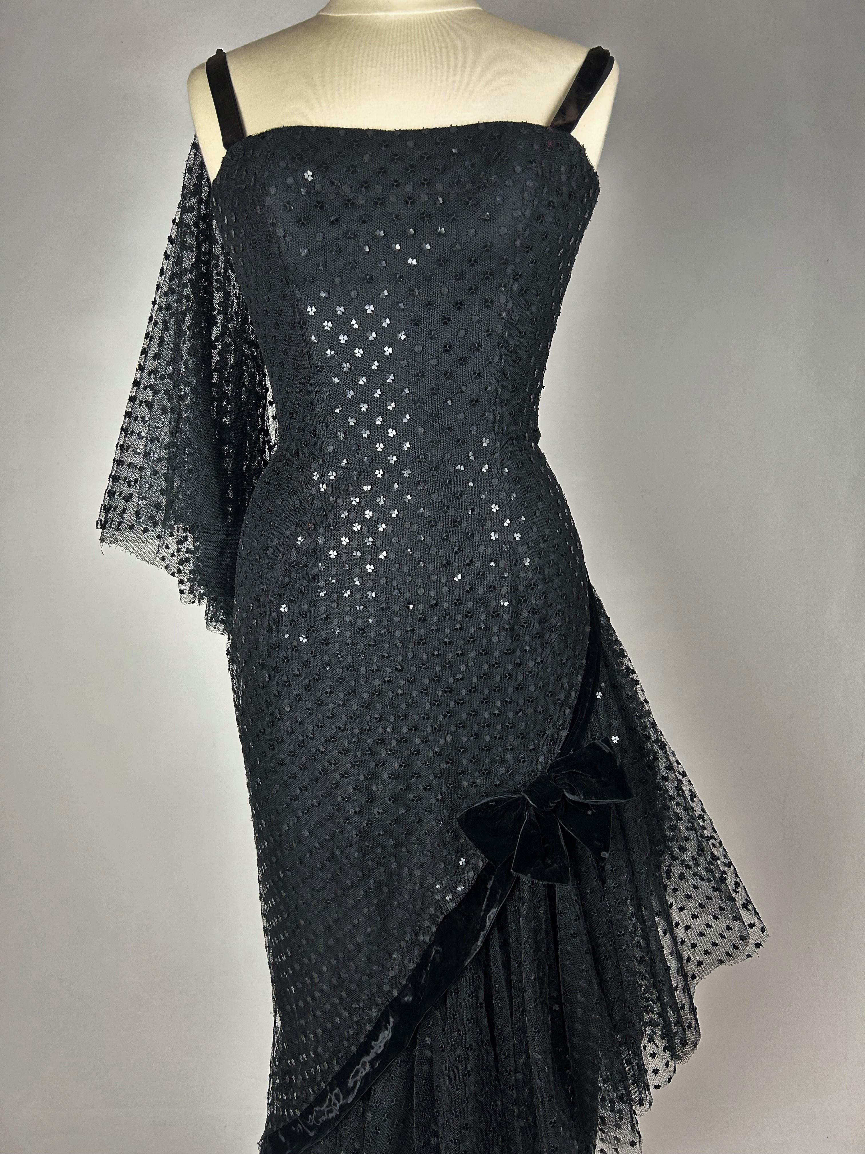 Evening Couture dress by Jean Dessès in black embroidered tulle - France C. 1960 For Sale 4