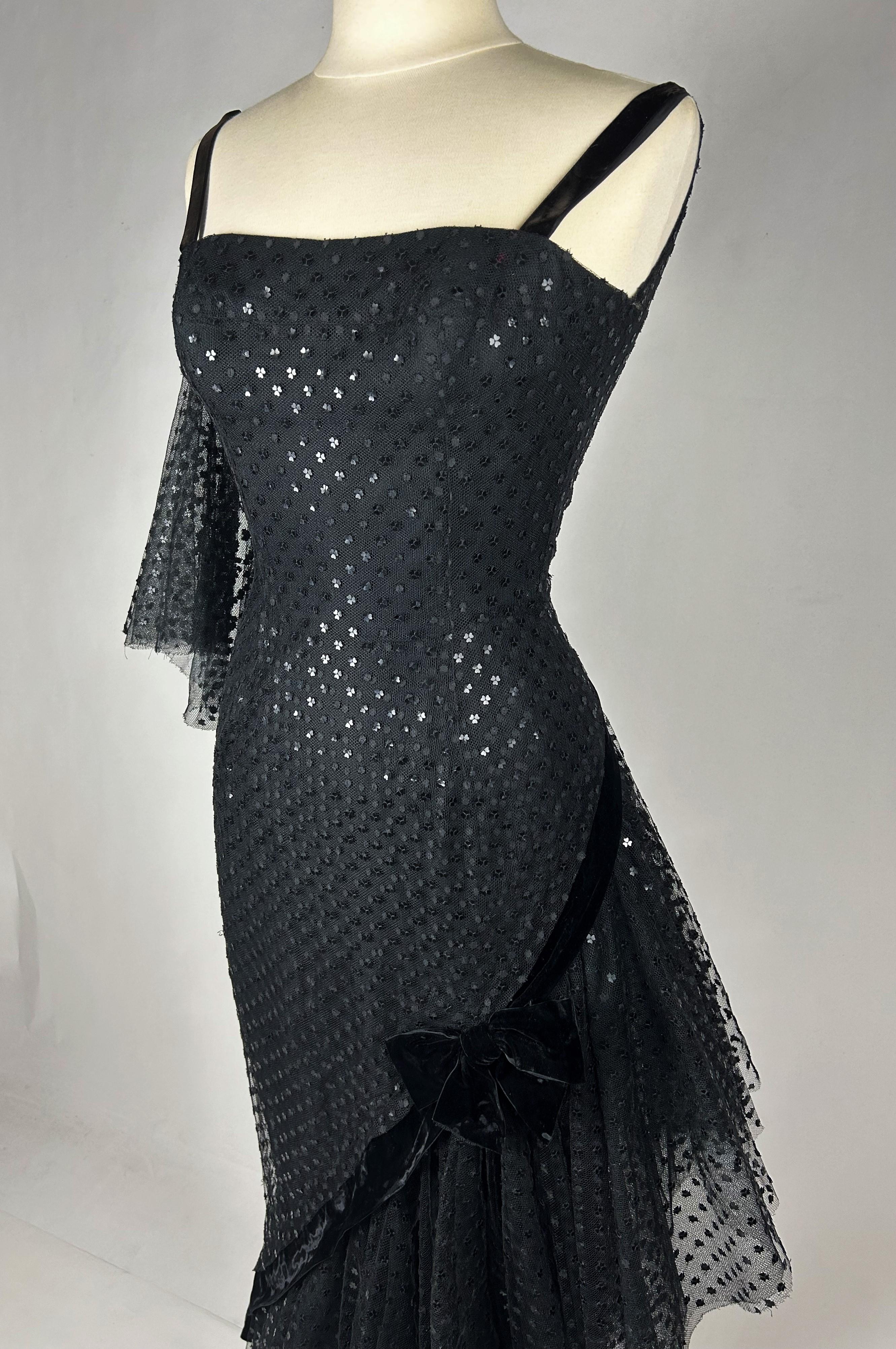 Evening Couture dress by Jean Dessès in black embroidered tulle - France C. 1960 For Sale 5