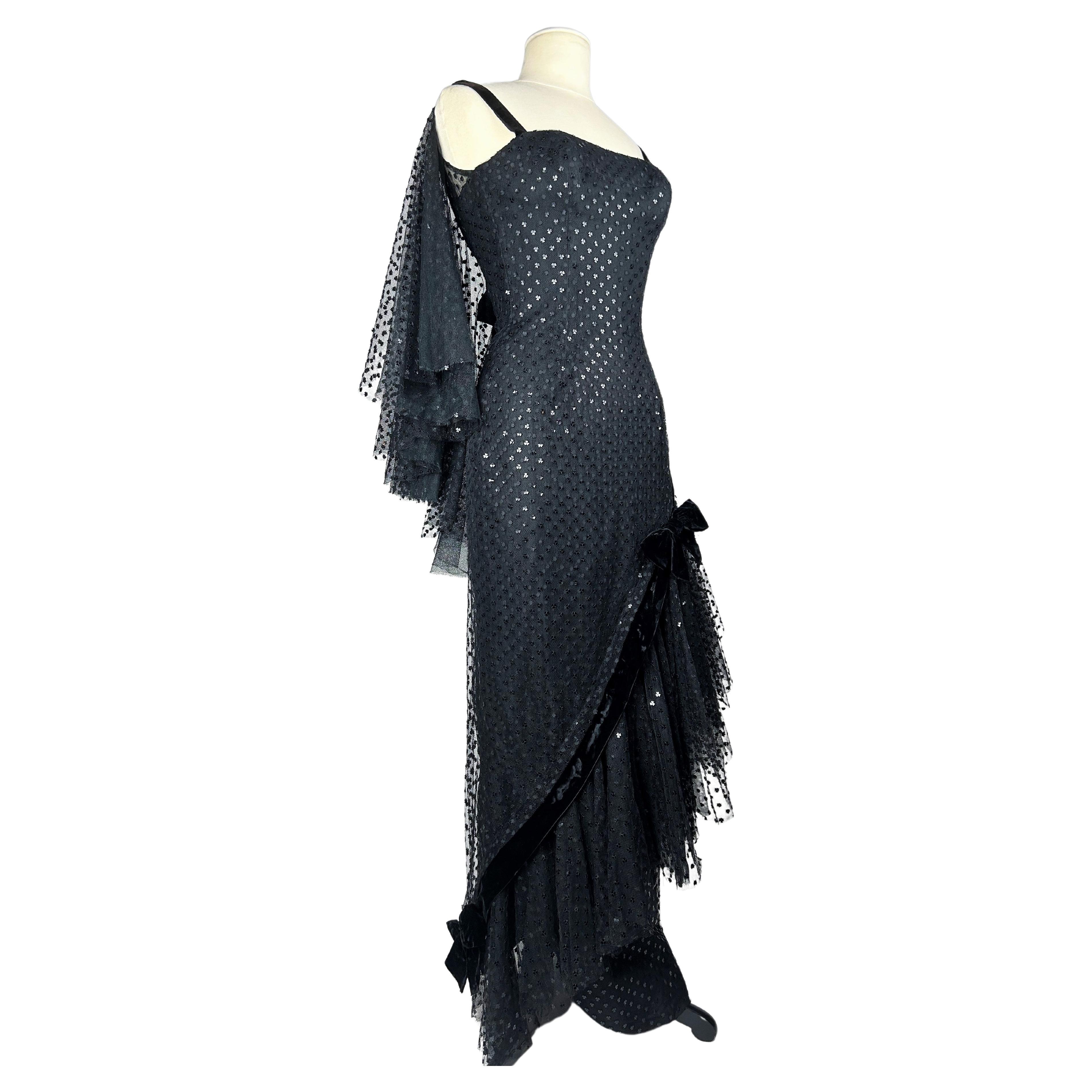 Evening Couture dress by Jean Dessès in black embroidered tulle - France C. 1960 For Sale