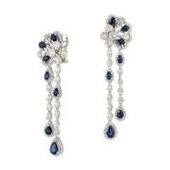 Evening Dangle White Gold 18K Blue Sapphire Earrings Diamond for Her
