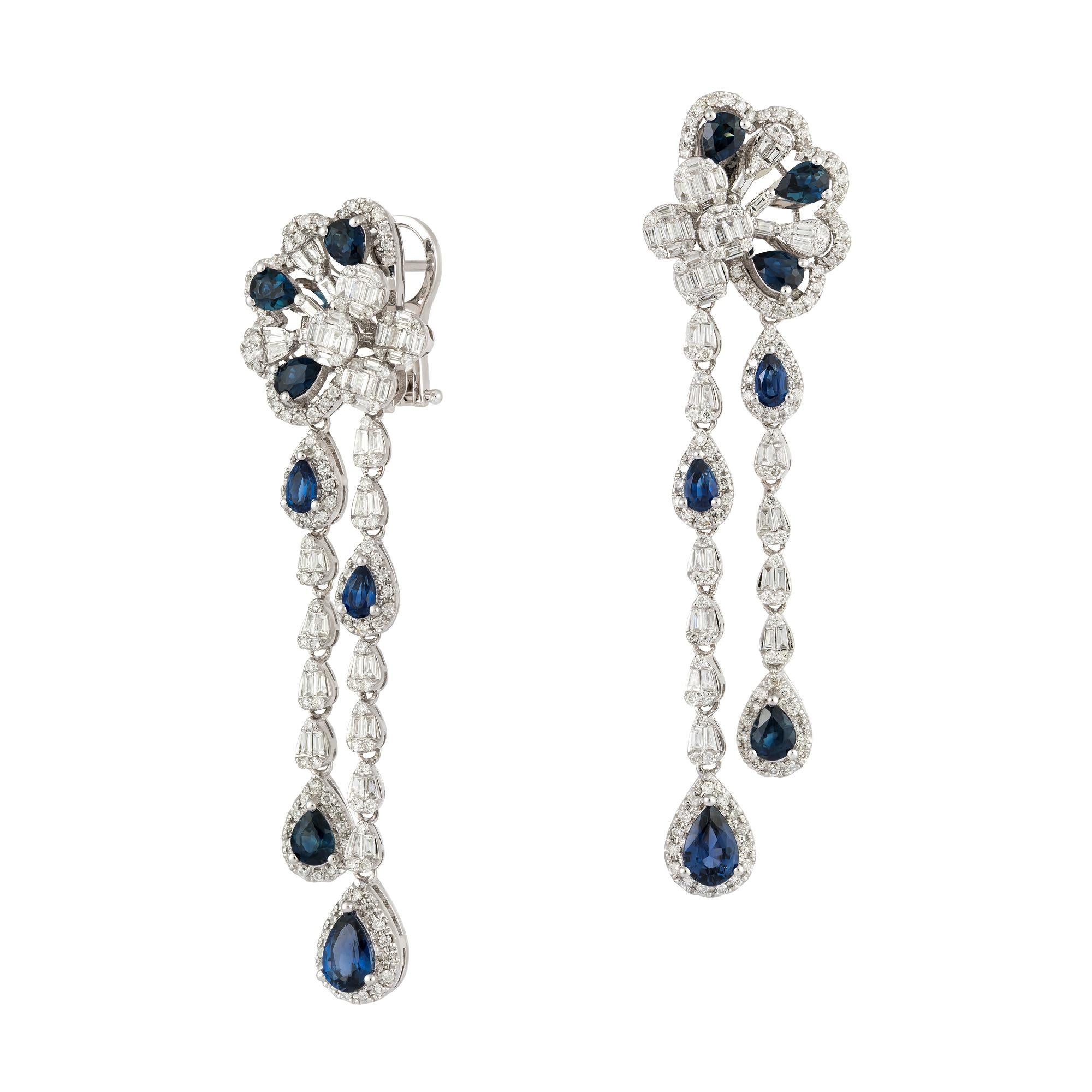 Evening Dangle White Gold 18K Blue Sapphire Earrings Diamond for Her In New Condition For Sale In Montreux, CH