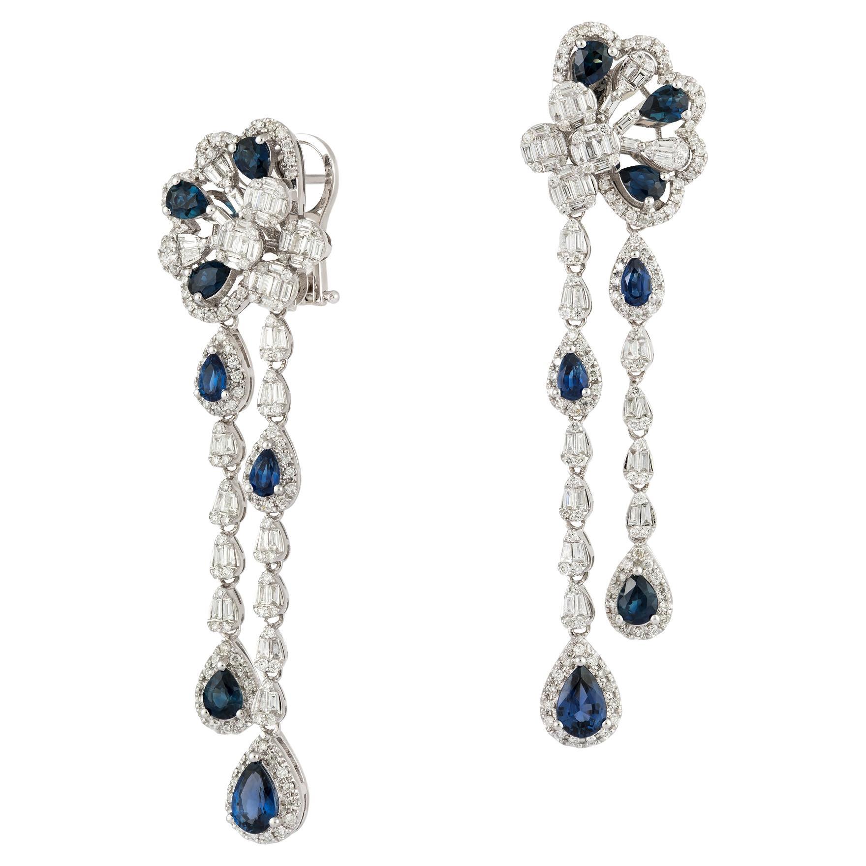Evening Dangle White Gold 18K Blue Sapphire Earrings Diamond for Her