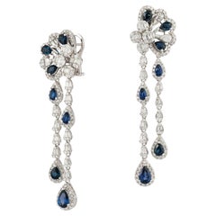 Evening Dangle White Gold 18K Blue Sapphire Earrings Diamond for Her
