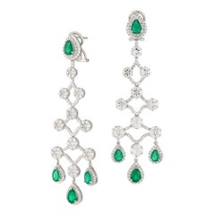 Evening Dangle White Gold 18K Earrings Emerald Diamond for Her