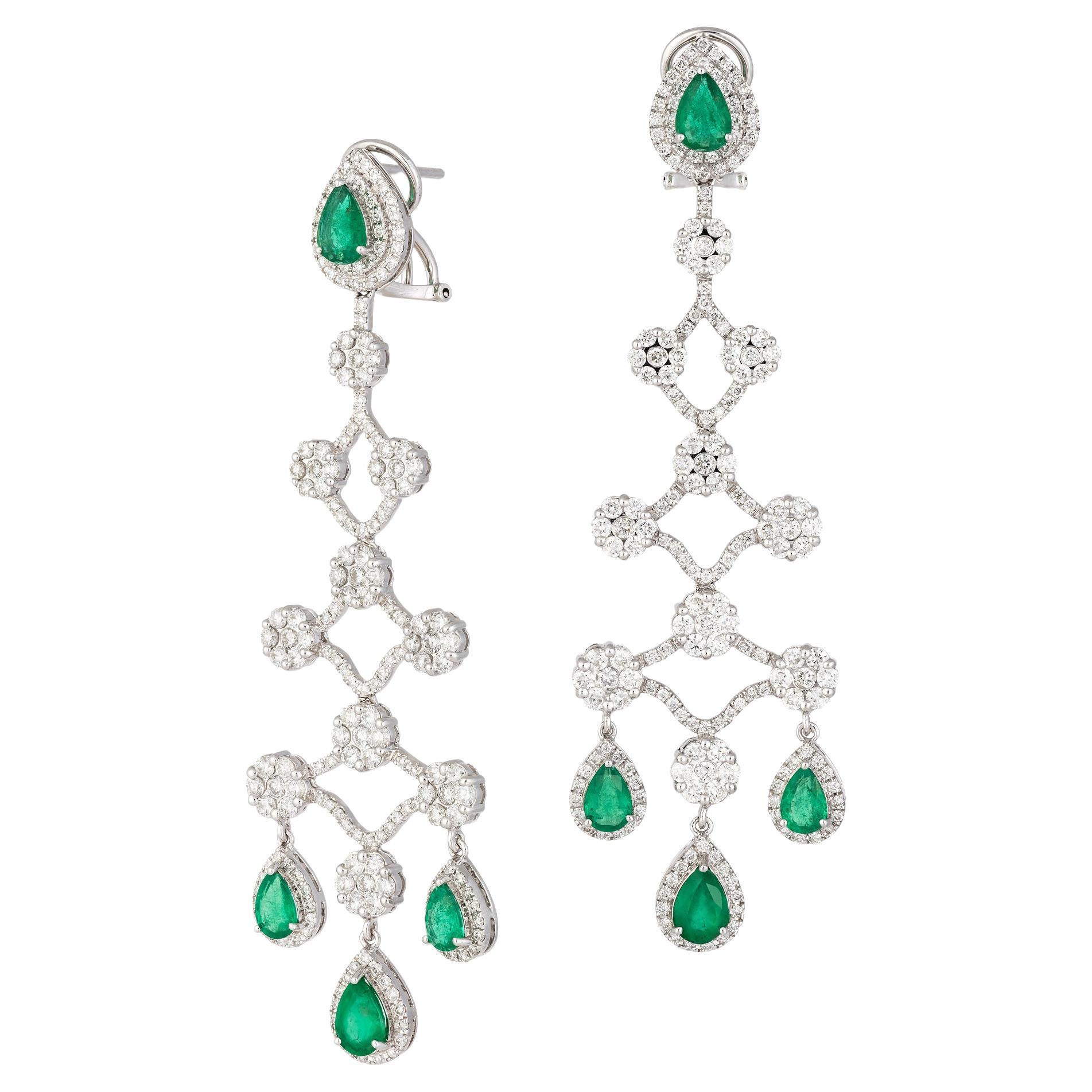 Evening Dangle White Gold 18K Earrings Emerald Diamond for Her