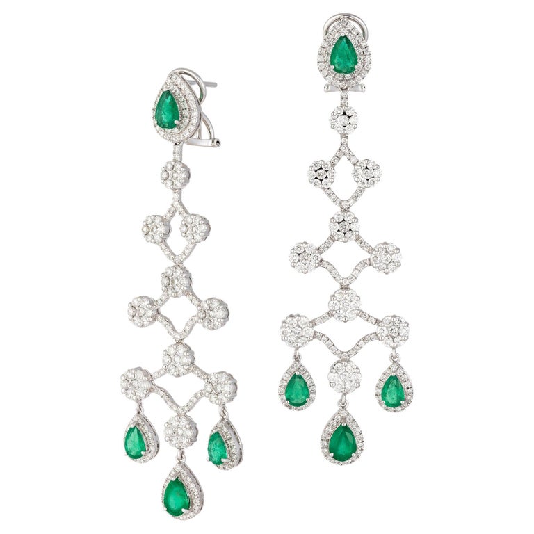 Evening Dangle White Gold 18K Earrings Emerald Diamond for Her For Sale ...