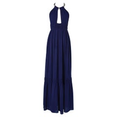 Evening deep blue silk chiffon dress with rhinestone neckless Roberto Cavalli