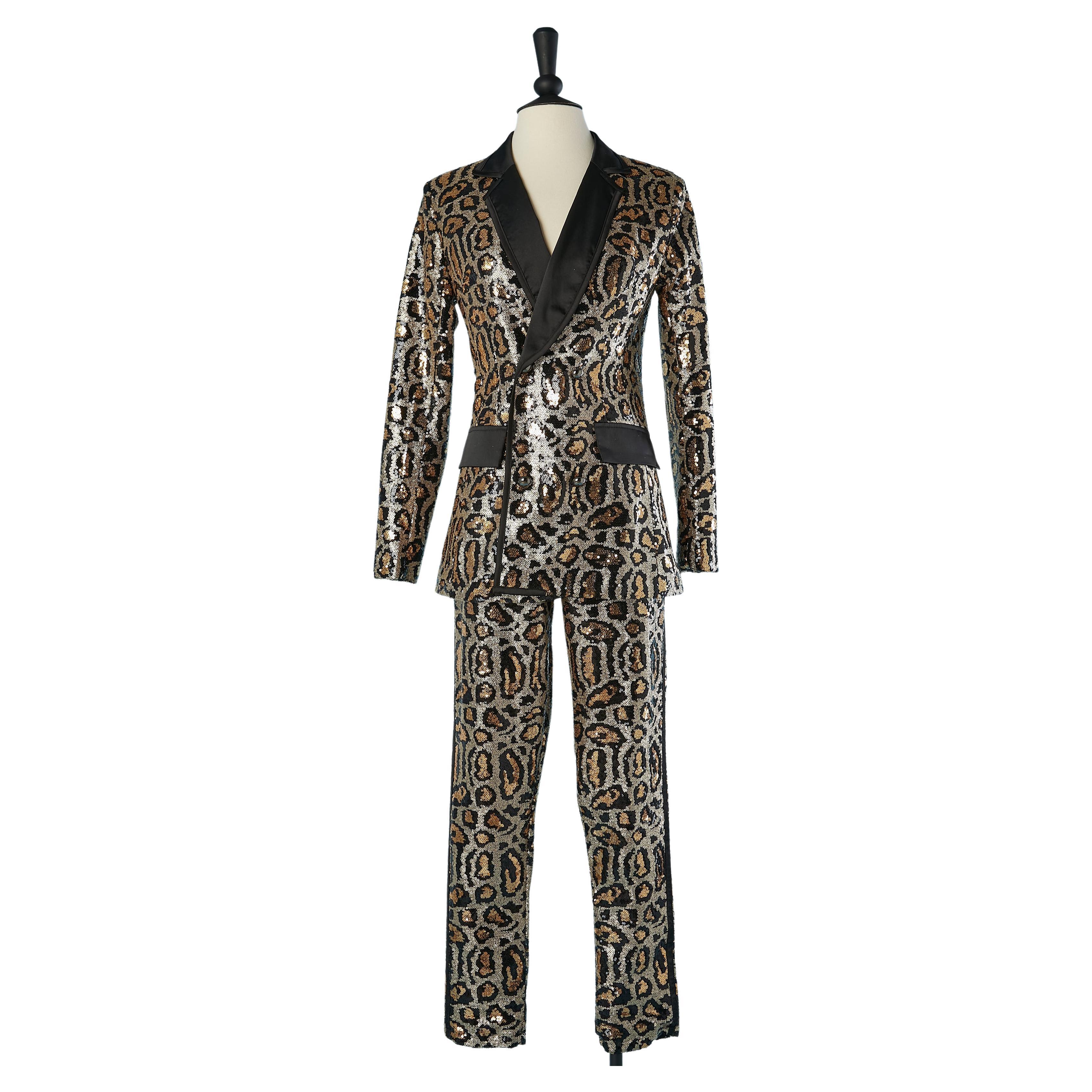 Evening double breasted trouser suit in sequin leopard pattern Circa 2000 For Sale
