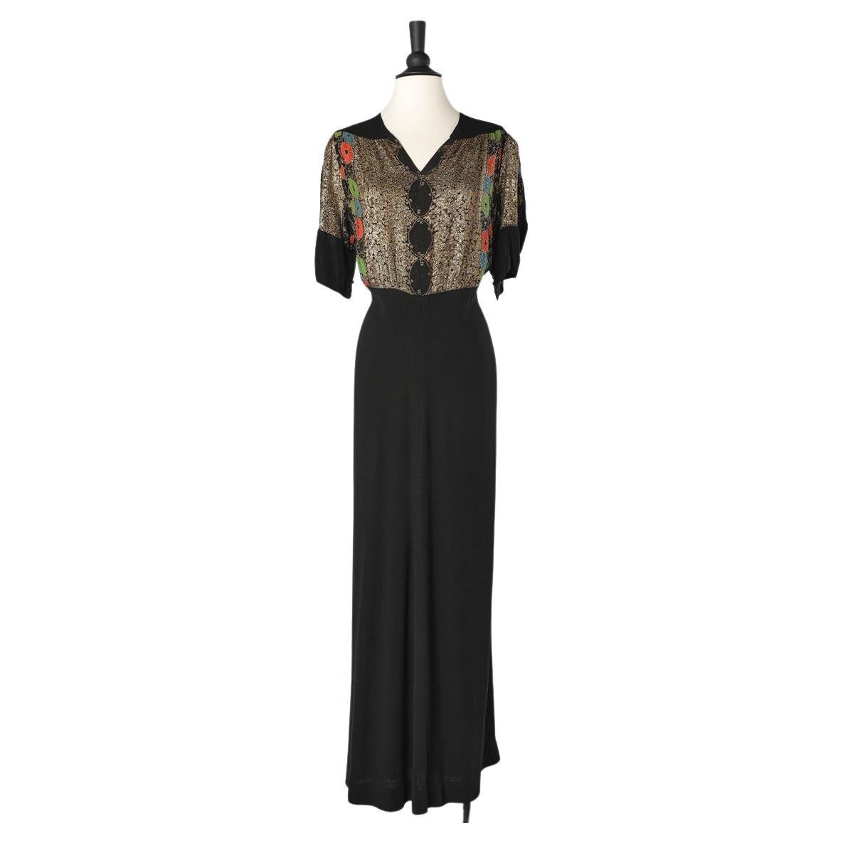 Evening dress in black crêpe satin and gold lurex brocard  top Circa 1930's For Sale