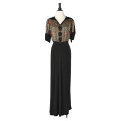  Evening dress in black crêpe satin and gold lurex brocard  top Circa 1930's