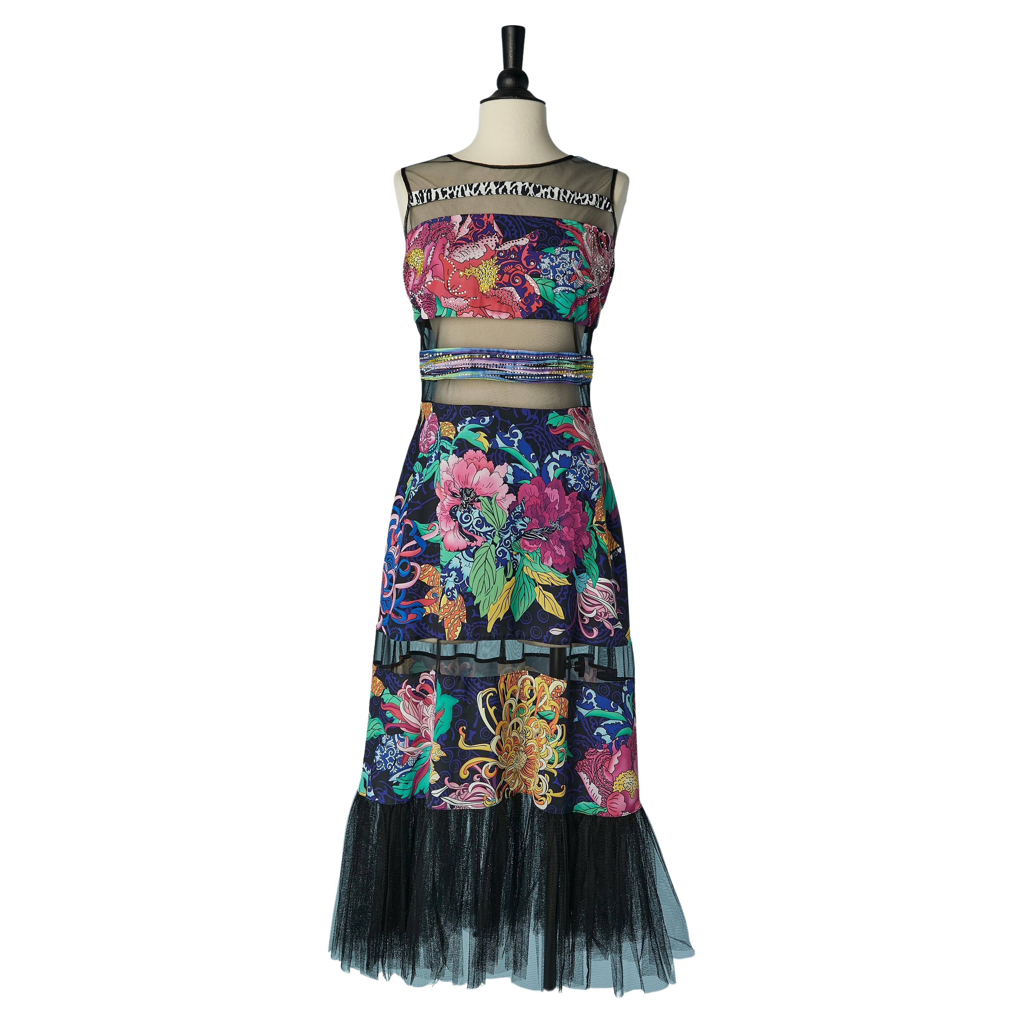 Evening dress in black tulle and printed fabric Gai Mattiolo Love to Love  For Sale