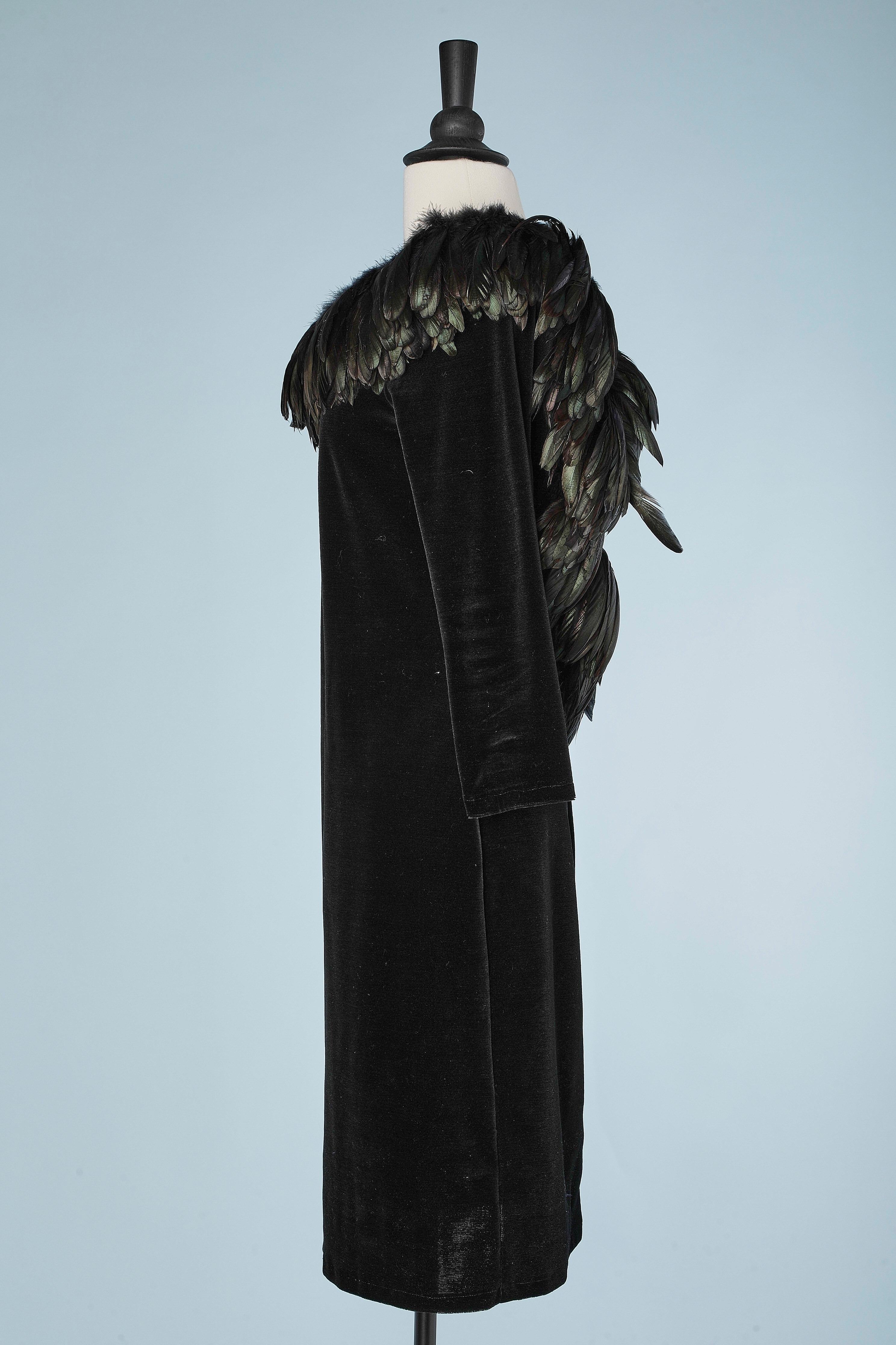 Black Evening dress in black velvet and rooster feathers Ann Green For Sale