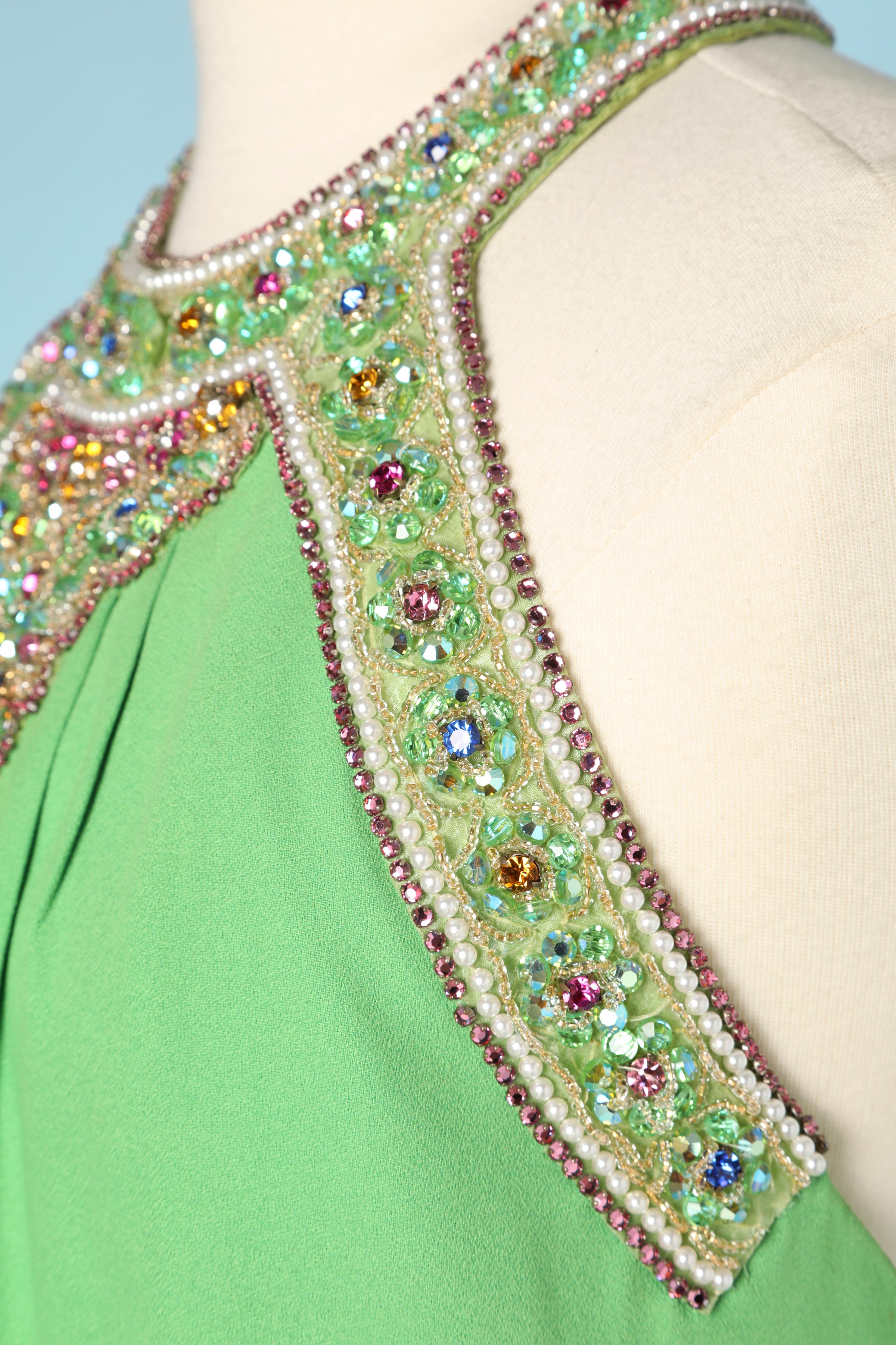 Green Evening dress in green crêpe and embroideries Bob Bugnand for Sam Friedlander For Sale