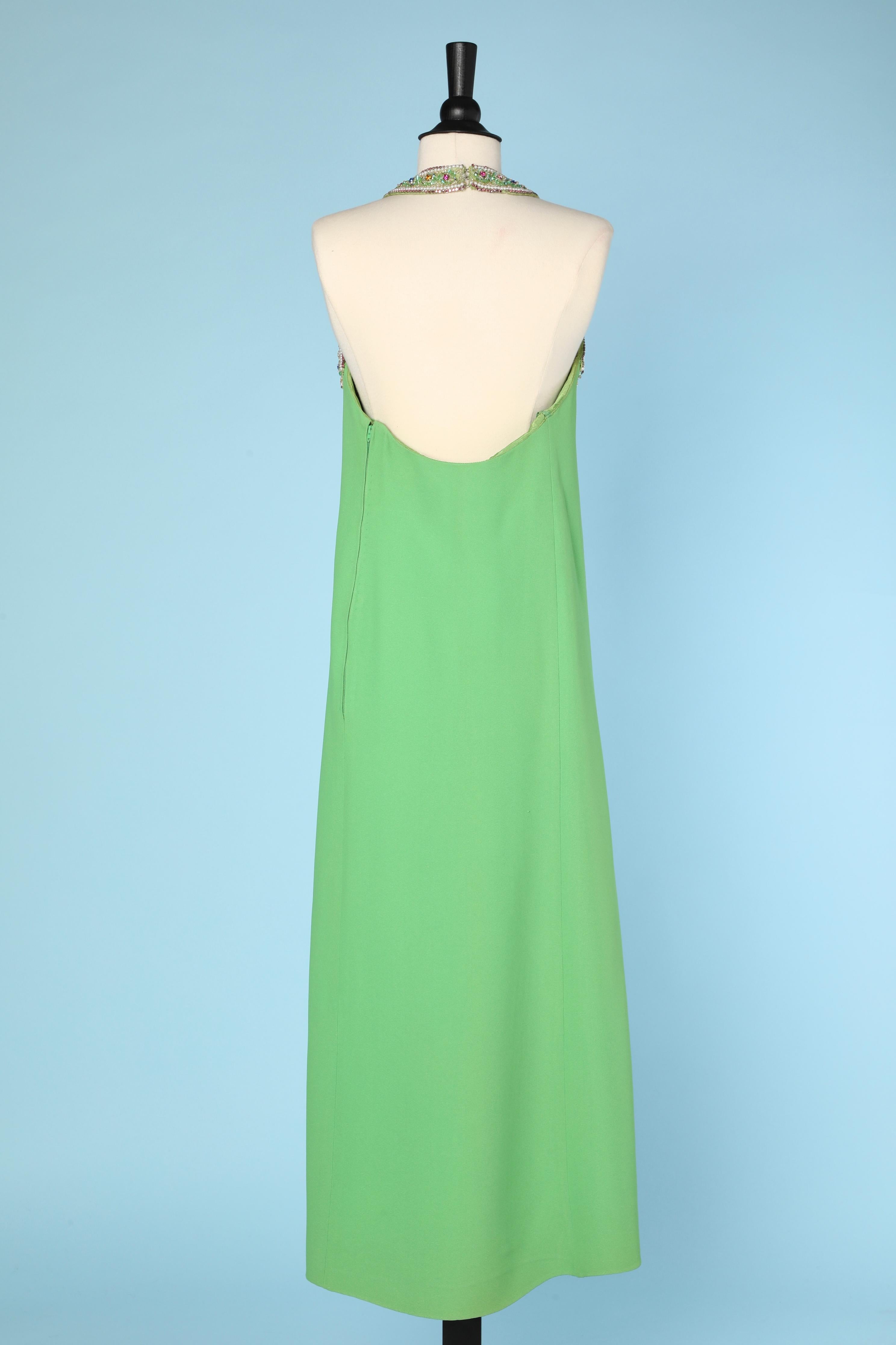 Women's Evening dress in green crêpe and embroideries Bob Bugnand for Sam Friedlander For Sale