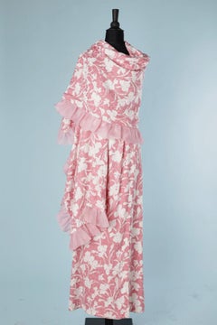Evening dress in pink and white flowers printed  jacquard with shawl André Laug