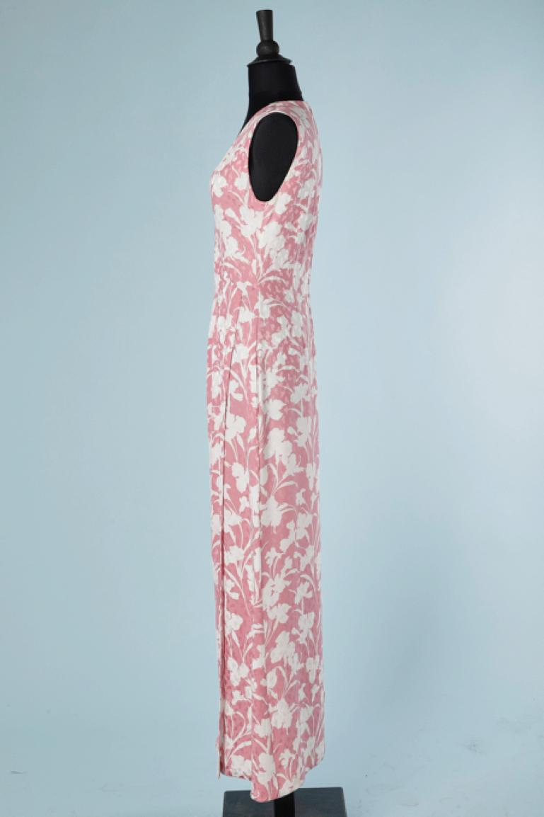 Evening dress in pink and white flowers printed  jacquard with shawl André Laug In Excellent Condition For Sale In Saint-Ouen-Sur-Seine, FR