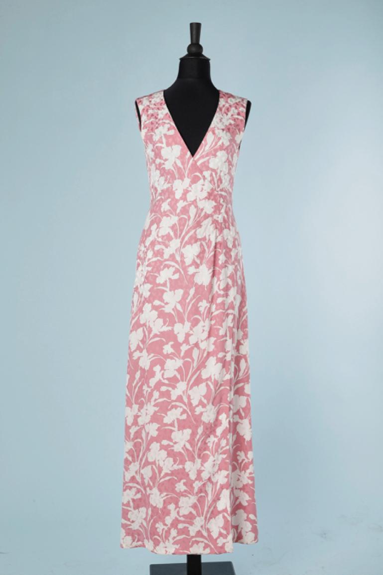 Women's Evening dress in pink and white flowers printed  jacquard with shawl André Laug For Sale