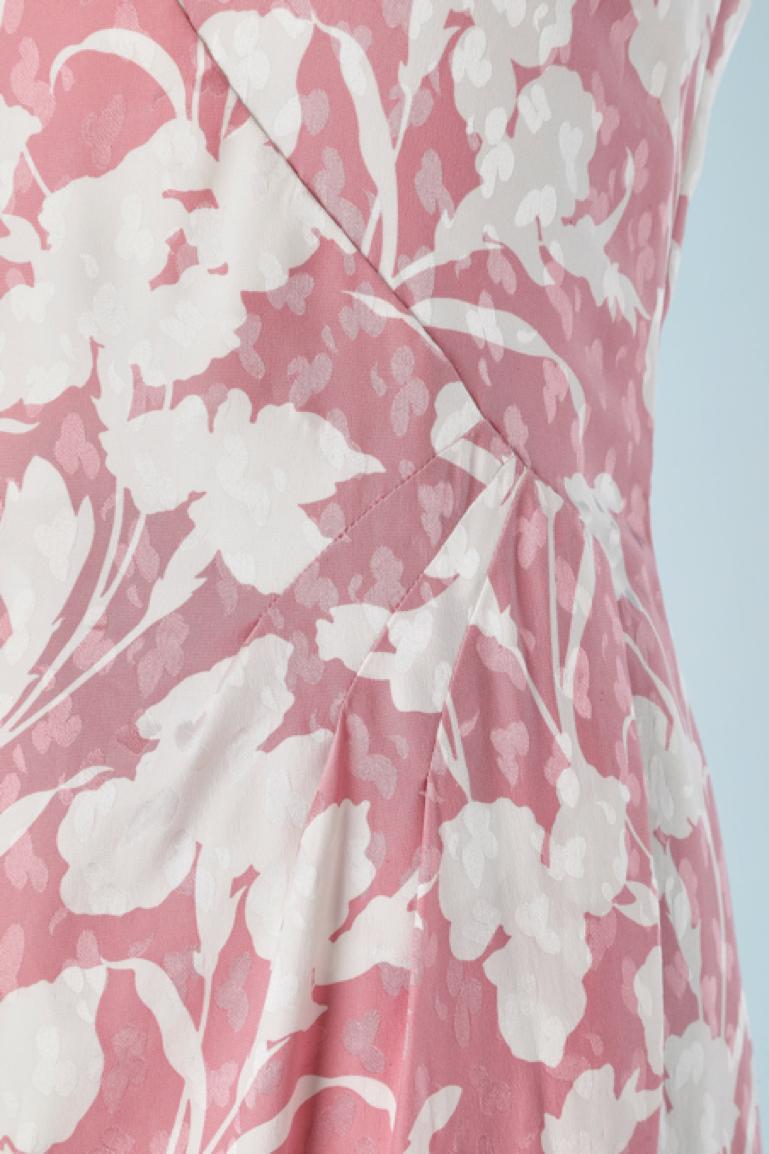Evening dress in pink and white flowers printed  jacquard with shawl André Laug For Sale 1