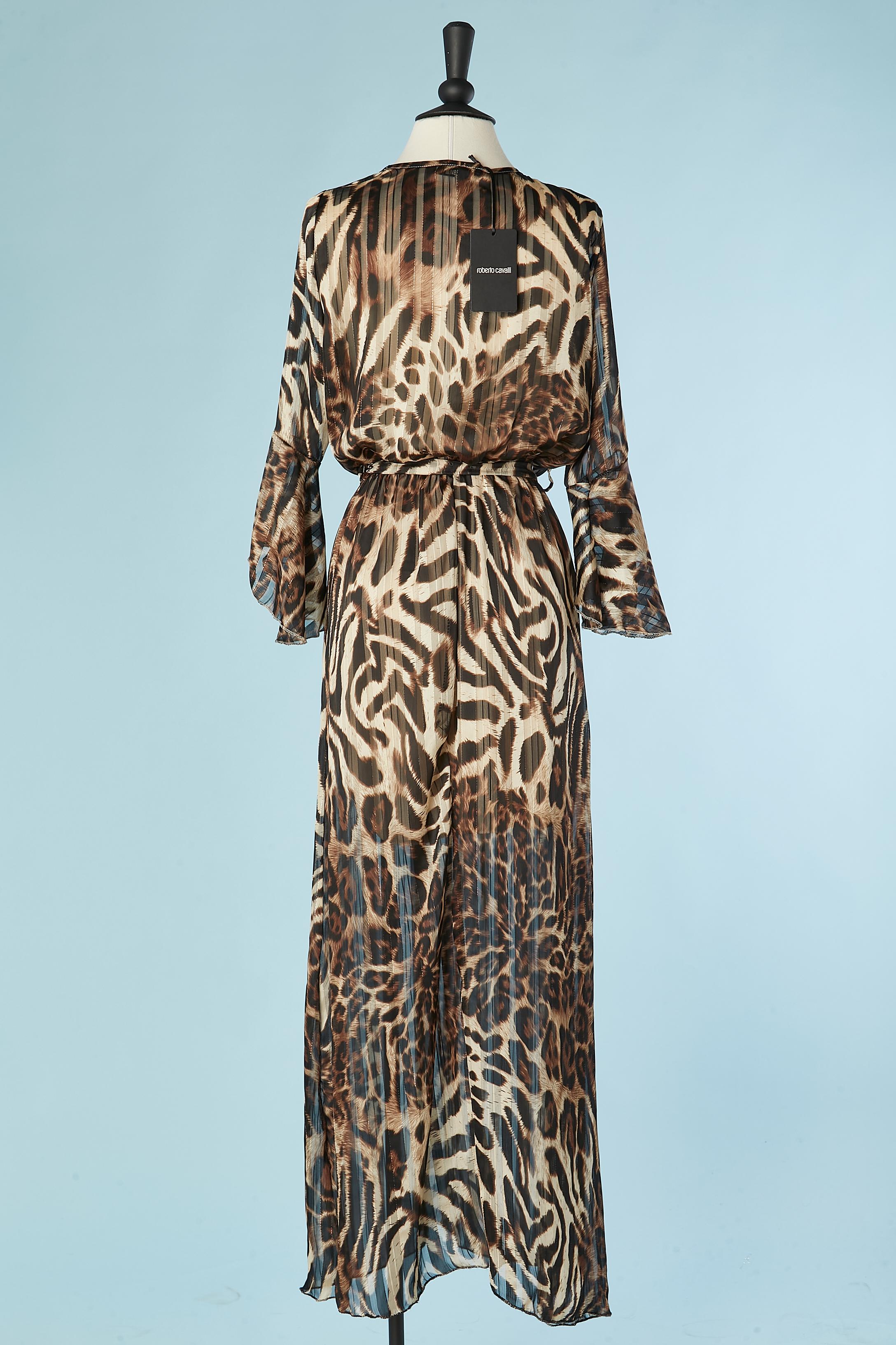 Evening dress in silk chiffon and lurex with leopard print Roberto Cavalli NEW  For Sale 1