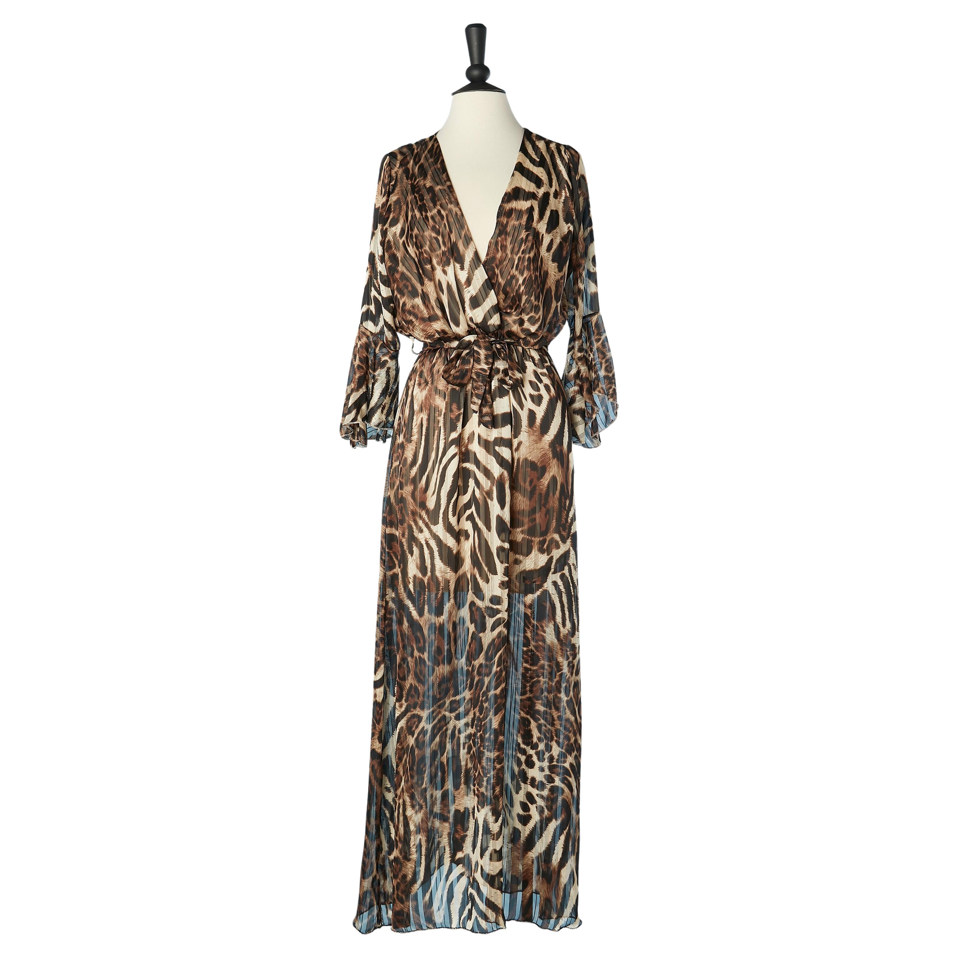 Evening dress in silk chiffon and lurex with leopard print Roberto Cavalli NEW  For Sale