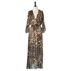 Evening dress in silk chiffon and lurex with leopard print Roberto Cavalli NEW 