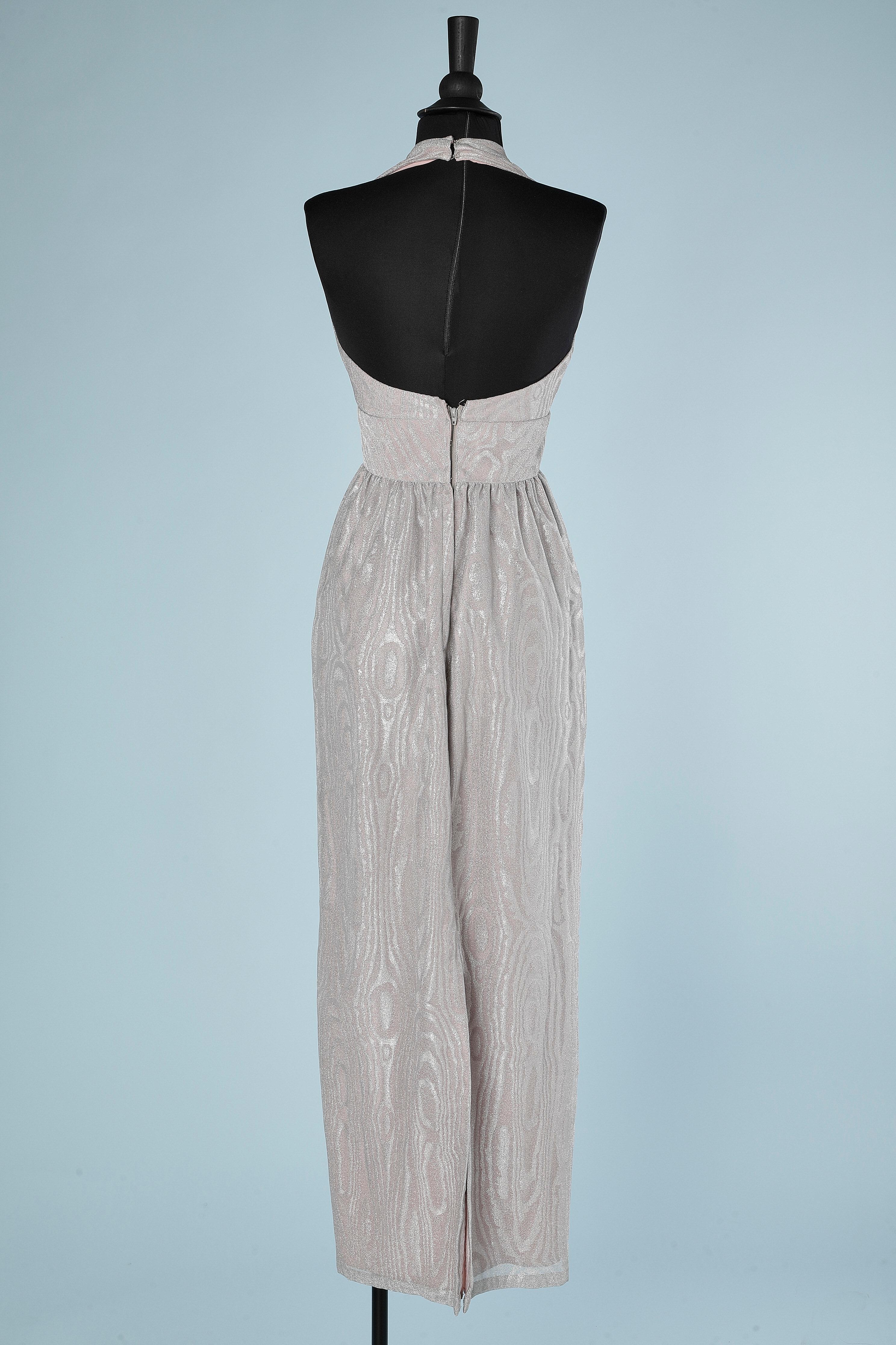 Silver Evening dress in silver lurex moire with bow and rhinestone brooch Mike Benet For Sale