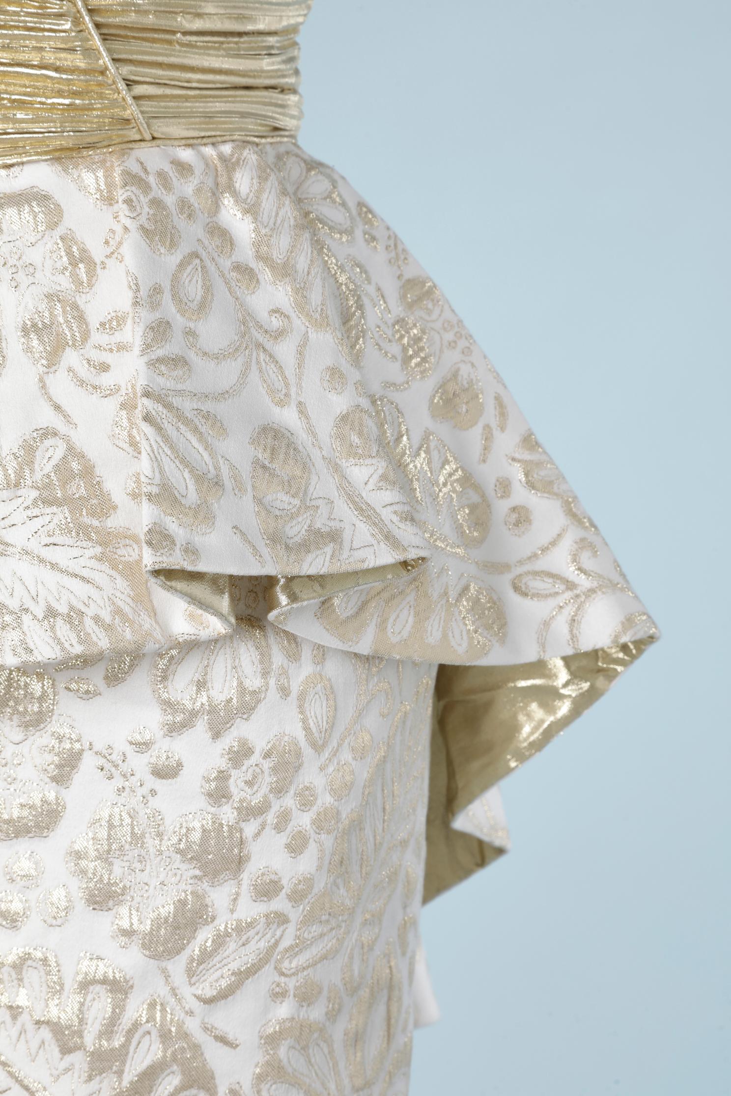 Evening dress suit in gold and off white damask Travilla 1980's 1