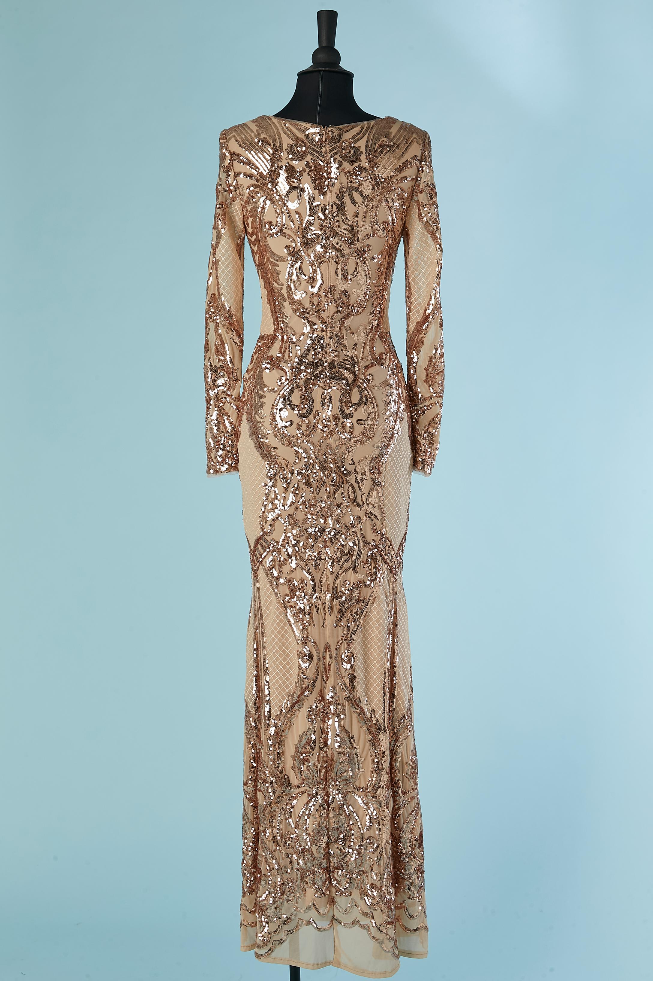 Evening dress with copper sequins on tulle base Betsy Adam For Sale 4